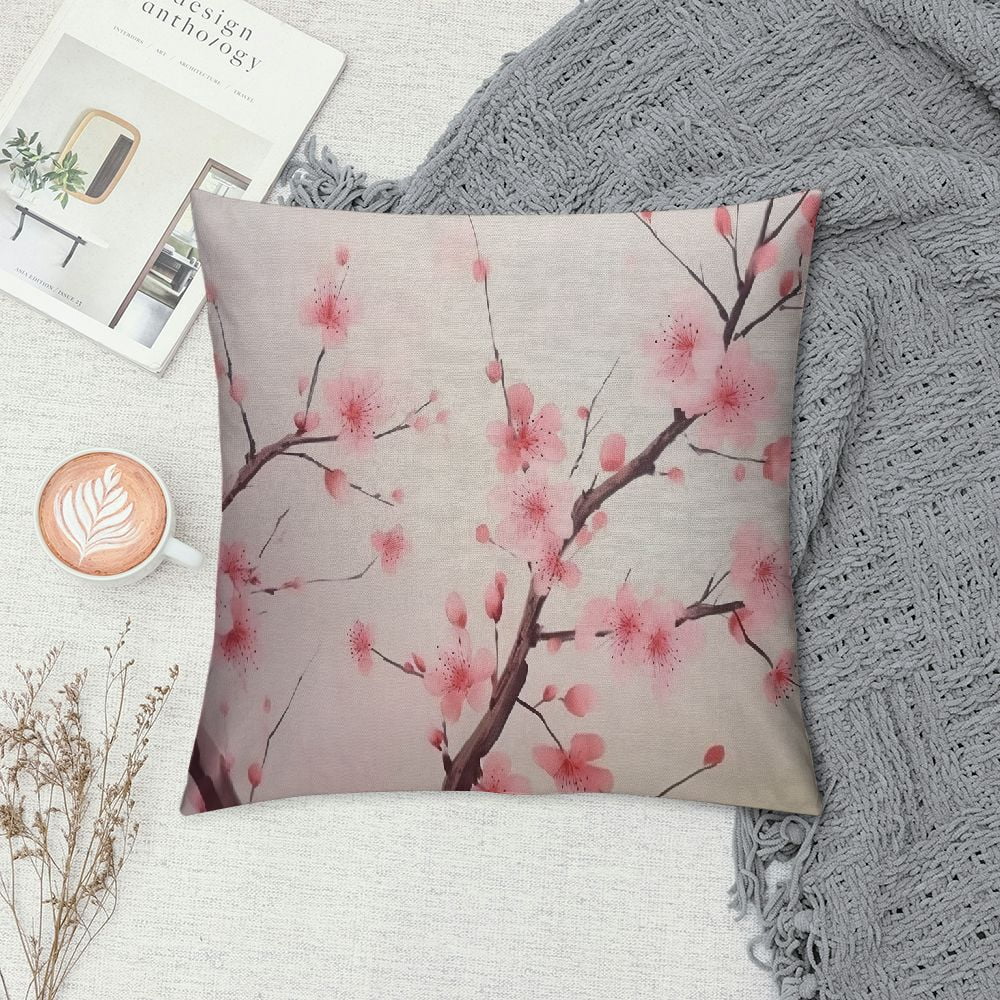 CANFLASHION  Spring Pillow Decorative Throw Pillow Cover, Pink Chinese Cherry Blossom Flower Japan Plum Branch Sided Square Pillow Cases Pillowcase Sofa Cushion