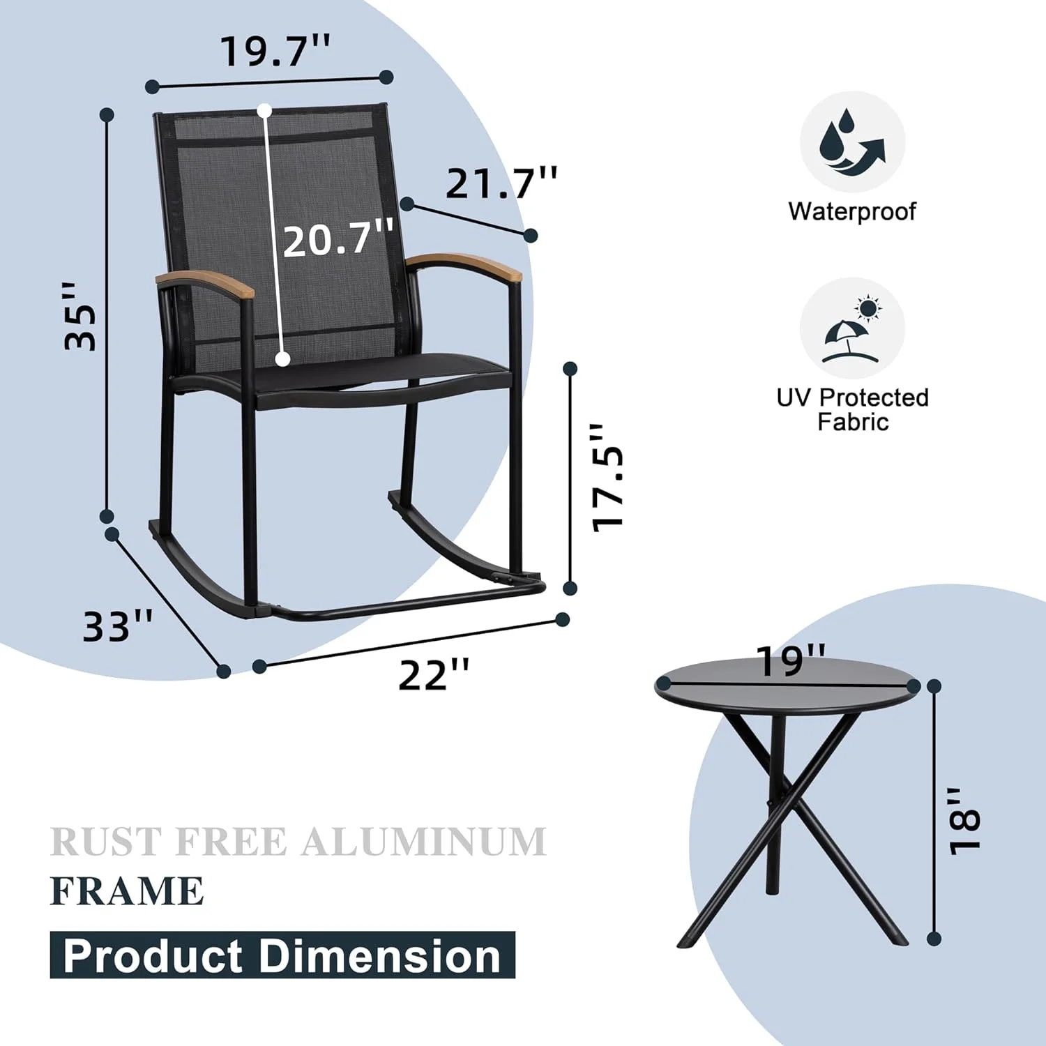 SQTRFJO TUIONMJ 3-Piece Patio Bistro Sets  Outdoor Breathable Rocking Chairs & Black TUIONMJ Conversation Set-Two Chairs with Coffee TUIONMJ (Rocking Chairs/Black)