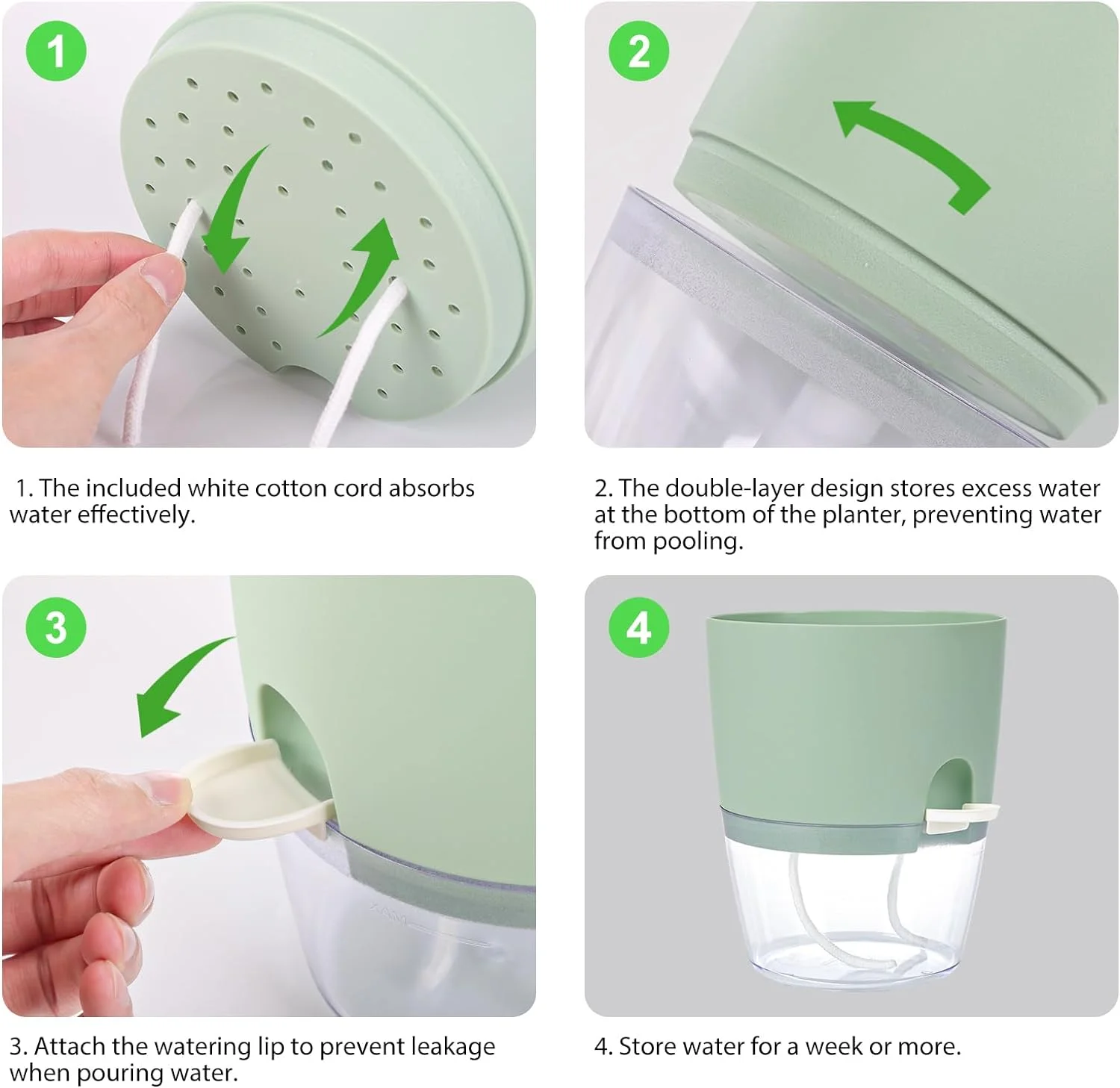 Fairy 4 Pack Plant Pots, African Violet Pots with Wick Rope, Plastic Self Watering Pots with Drainage Holes and Saucers, 6inches, Green