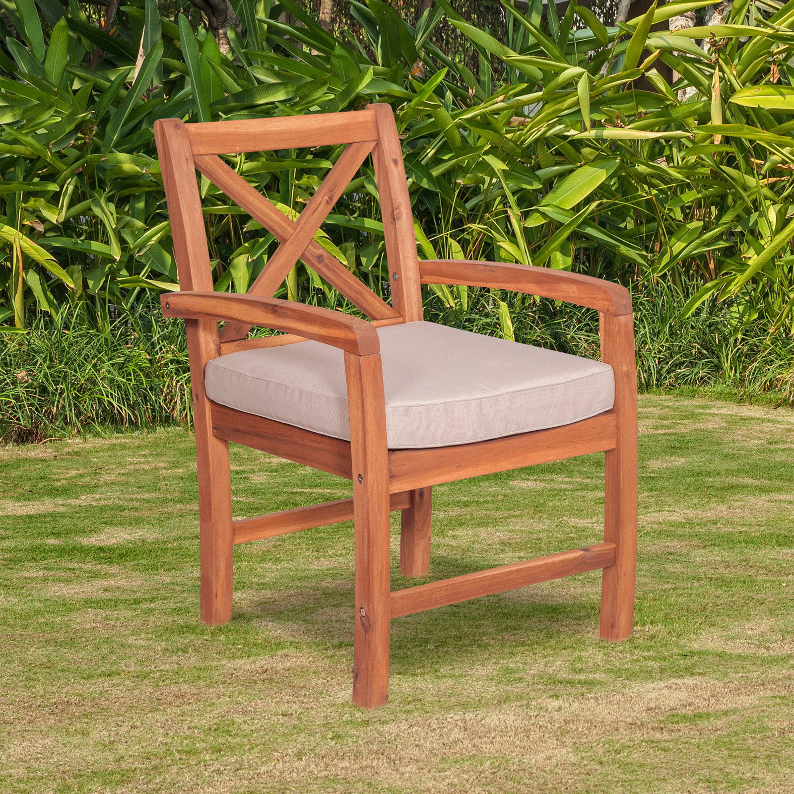 Acacia Wood X-Back Patio Chairs with Cushions in Brown - Set of 2