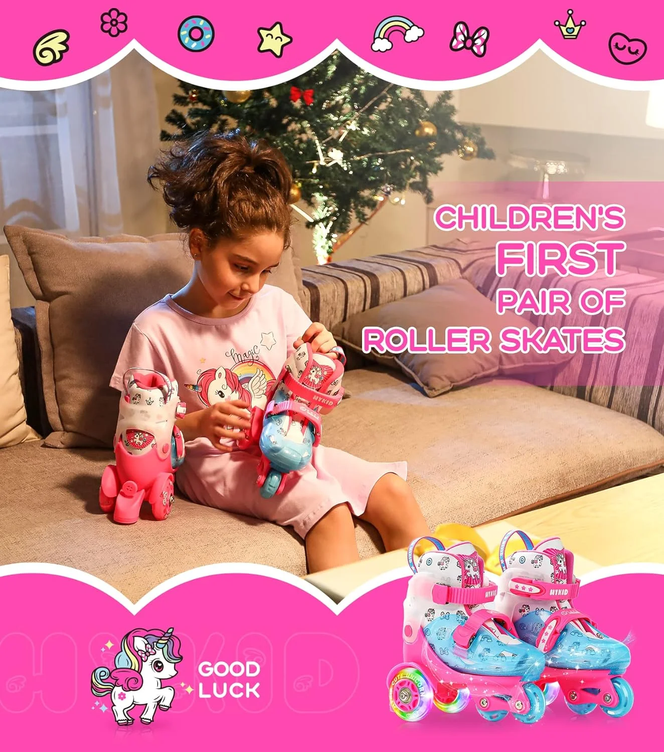 Toddler Roller Skates, 4 Adjustable Sizes, Fun Illuminating, Safety Three-Point Type, Breathable Upper, Beginners' Roller Skates for Girls Boys Kids