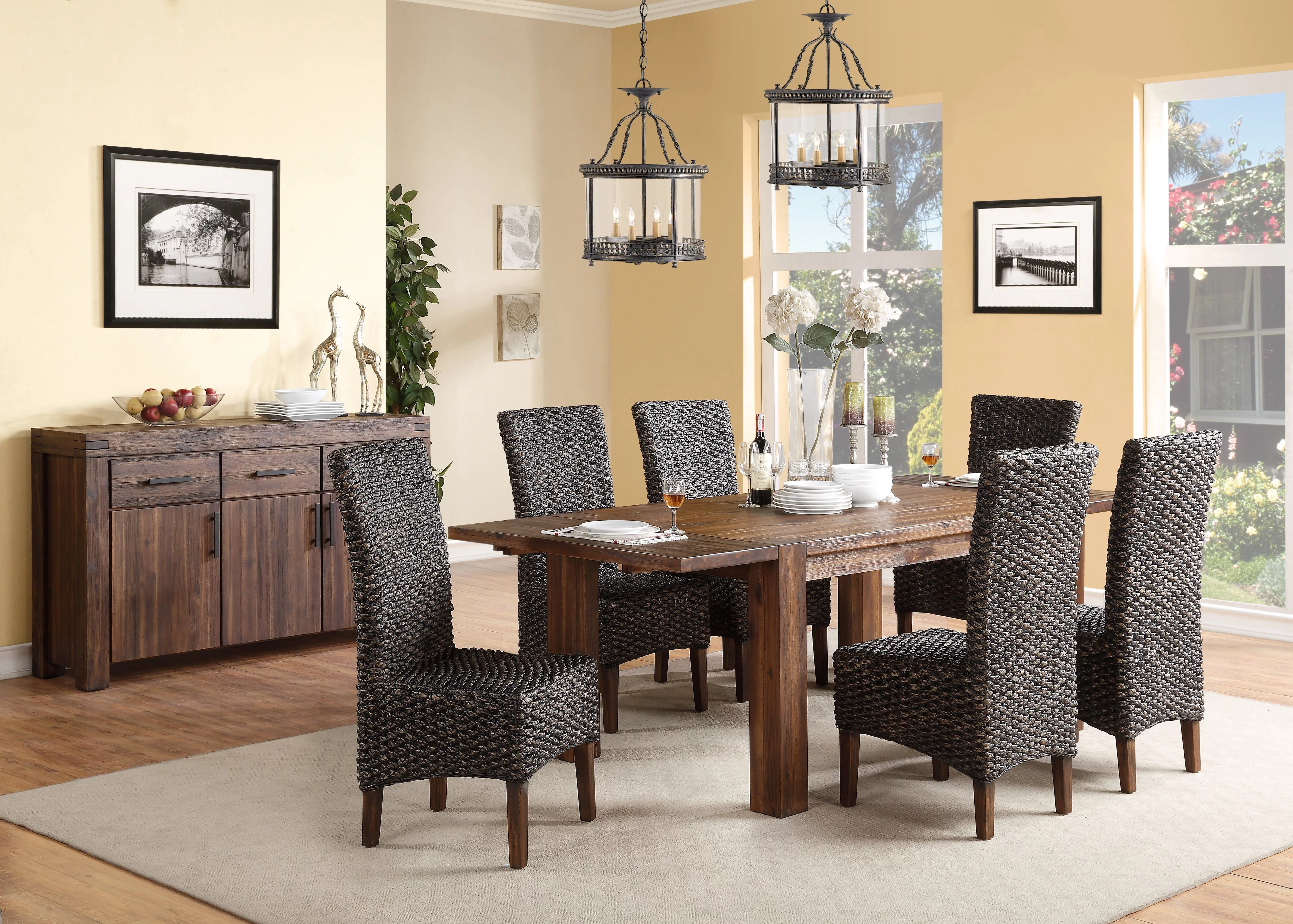 Millstone Modern 7PC Rectangle Table, 6 Water Hyacinth Chair Dining Set in Acacia Rustic Brown