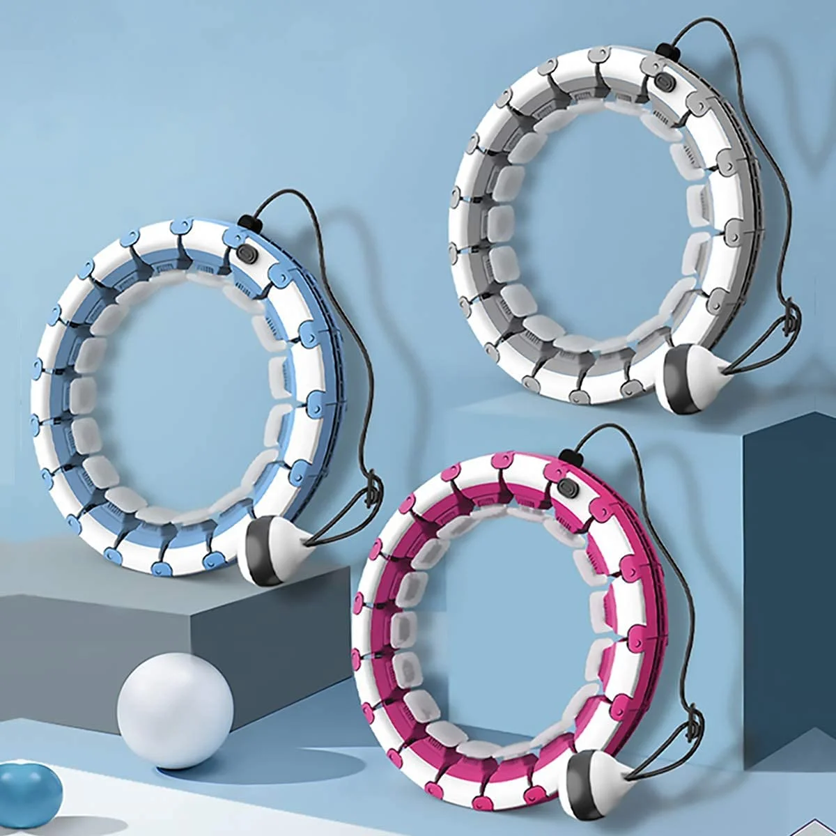 Weighted Intelligent Hula Hoop with Counter for Adults Beginners Won‘t Fall, Abdomen Fitness Increase Beauty, Fit Ness Weight Loss and Massage, 24 Knots Detachable, Blue