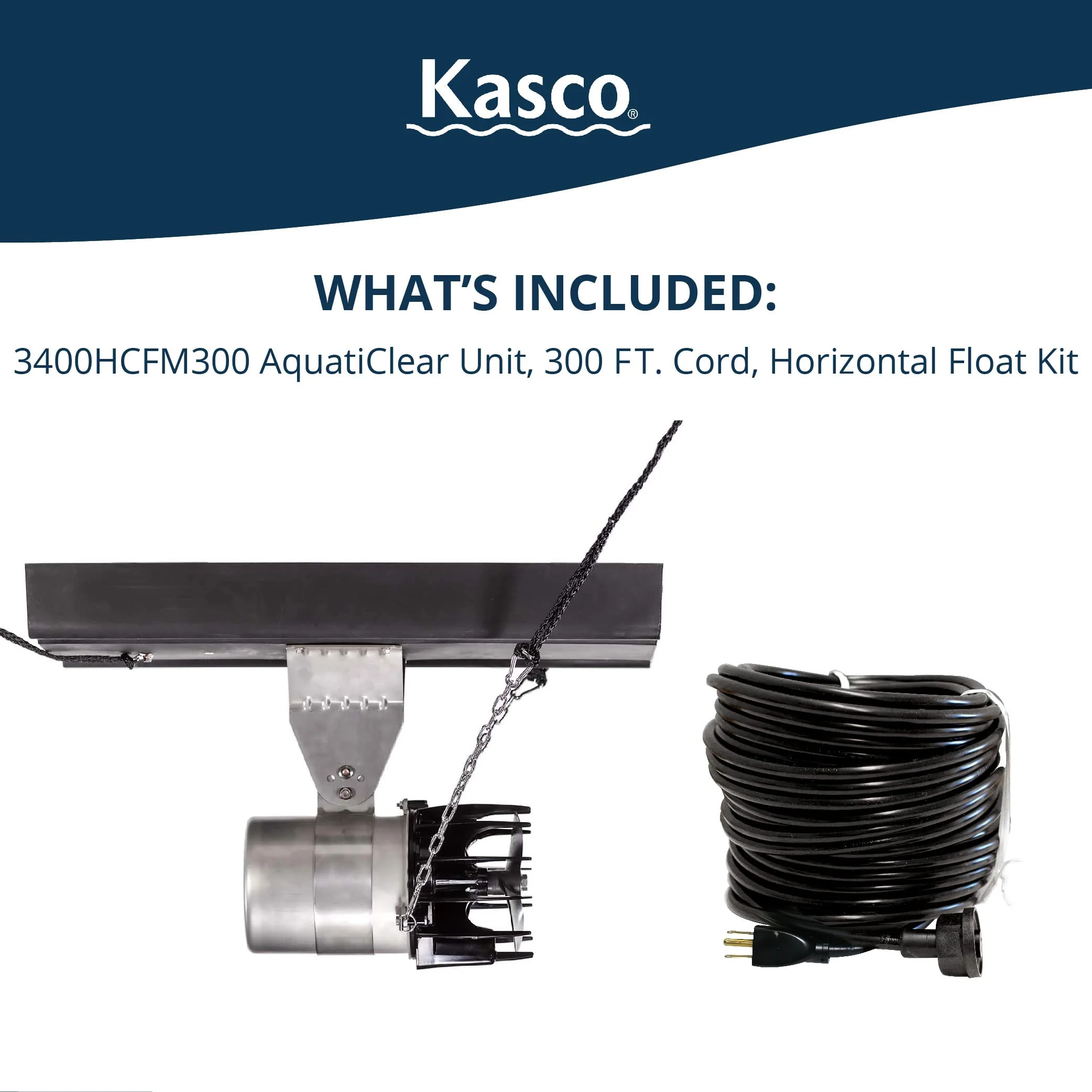 Kasco AquatiClear Water Circulator w/Horizontal Float, 3/4 HP w/300 ft. Power Cord, Clog-Resistant Water Circulation Pump to Keep Dock, Marina & Shoreline Free of Algae & Debris, 240 Volt