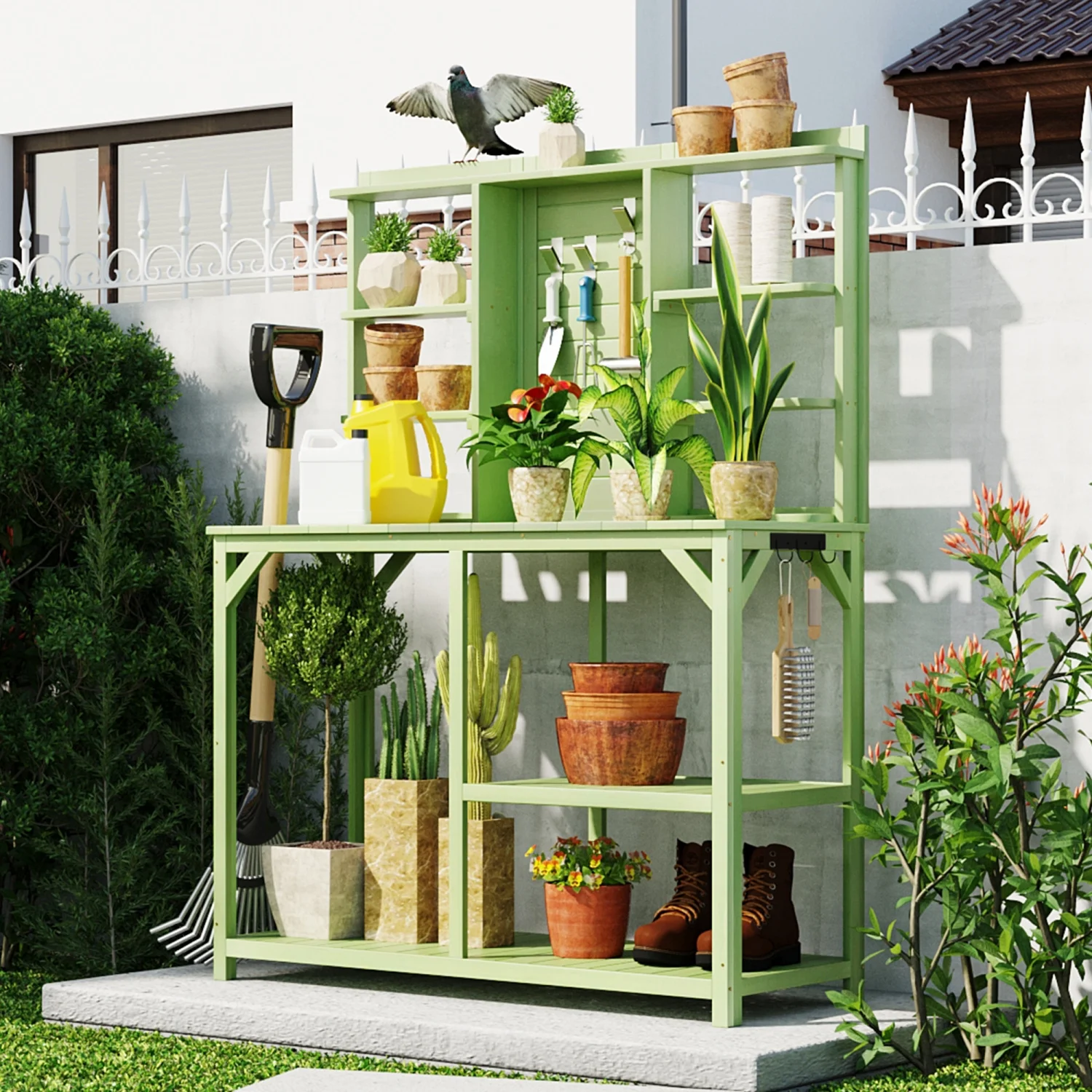 DremFaryoyo TOPMAX 64.6” Large Outdoor Potting Bench  Garden Potting   Wood Workstation with 6-Tier Shelves  Large Tabletop and Side Hook for Mudroom  Backyard Green