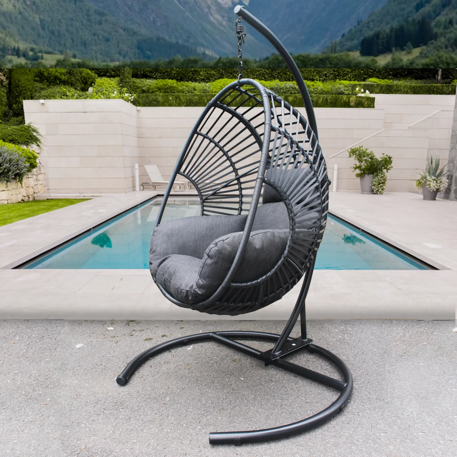 High-Quality Black PE Wicker Swing Egg Chair for Indoor and Outdoor Use with Antracite Color Cushion and Black Base - Stylish and Durable Outdoor Furniture Offering Comfort and Elegance