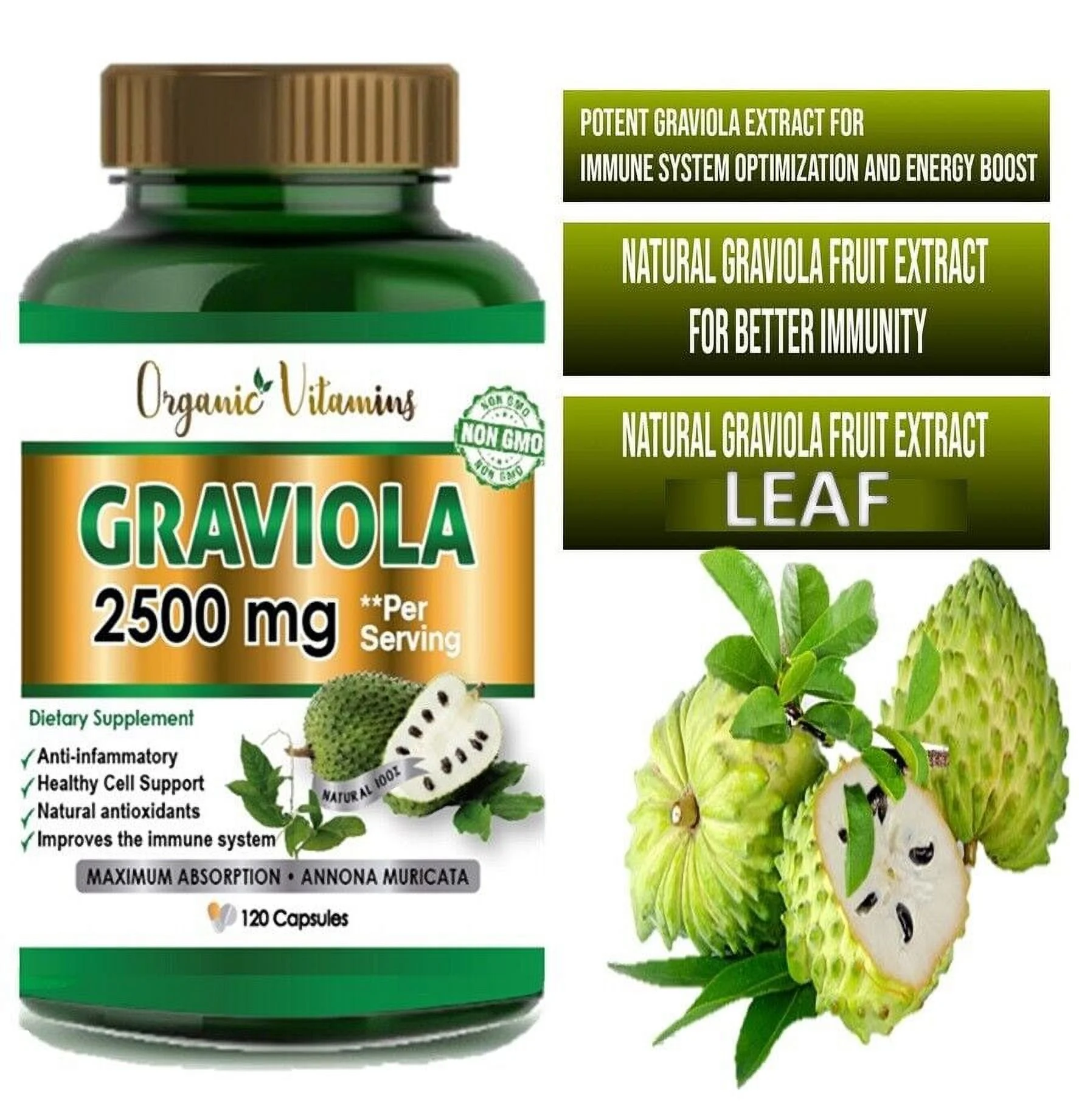 Organic Vitamin Graviola Capsules 2500mg Natural Soursop Capsules Leaves fruit Powder 120 Capsules