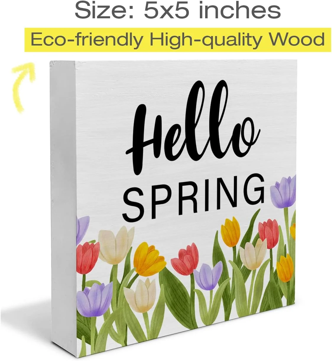 Floral Tulips Hello Spring Wooden Box Sign Farmhouse Spring Tulips Wood Box Sign Art Blocks Desk Sign Rustic for Shelf Tabletop Home Decor 6x6 Inch
