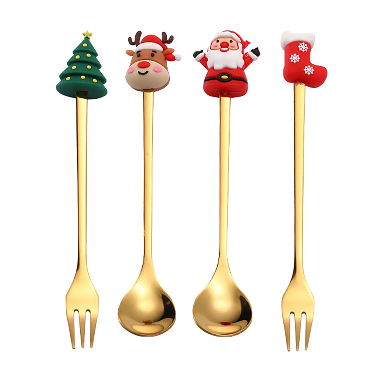 Xmas Spoons Forks Set Stainless Steel Dessert Spoons Forks Multipurpose Coffee Spoon Western Food Fork for Salad Wedding Cake Gold 4Pcs