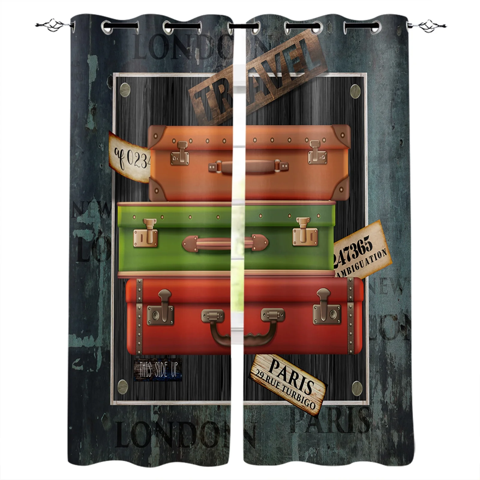 Blackout Curtains for Bedroom Retro Shabby Suitcase Summer Travel Grommet Thermal Insulated Window Curtains Room Darkening Drapes for Living Room Set of 2 Panels, 27.5x39 inch