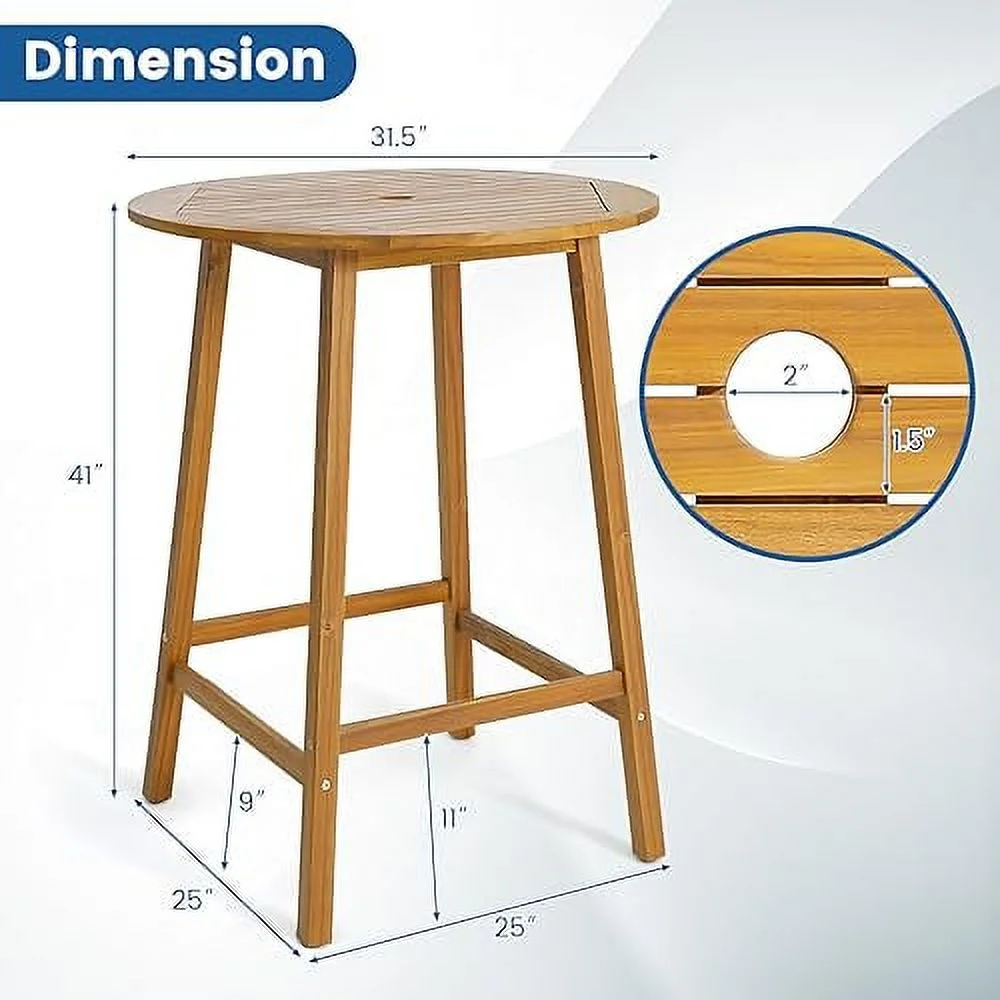 HAPPYGRILL 31.5” Round Bar Table, Bar Height Table with Umbrella Hole & Slatted Tabletop, Acacia Wood Patio Bistro Table, Side Table for Indoors Outdoors