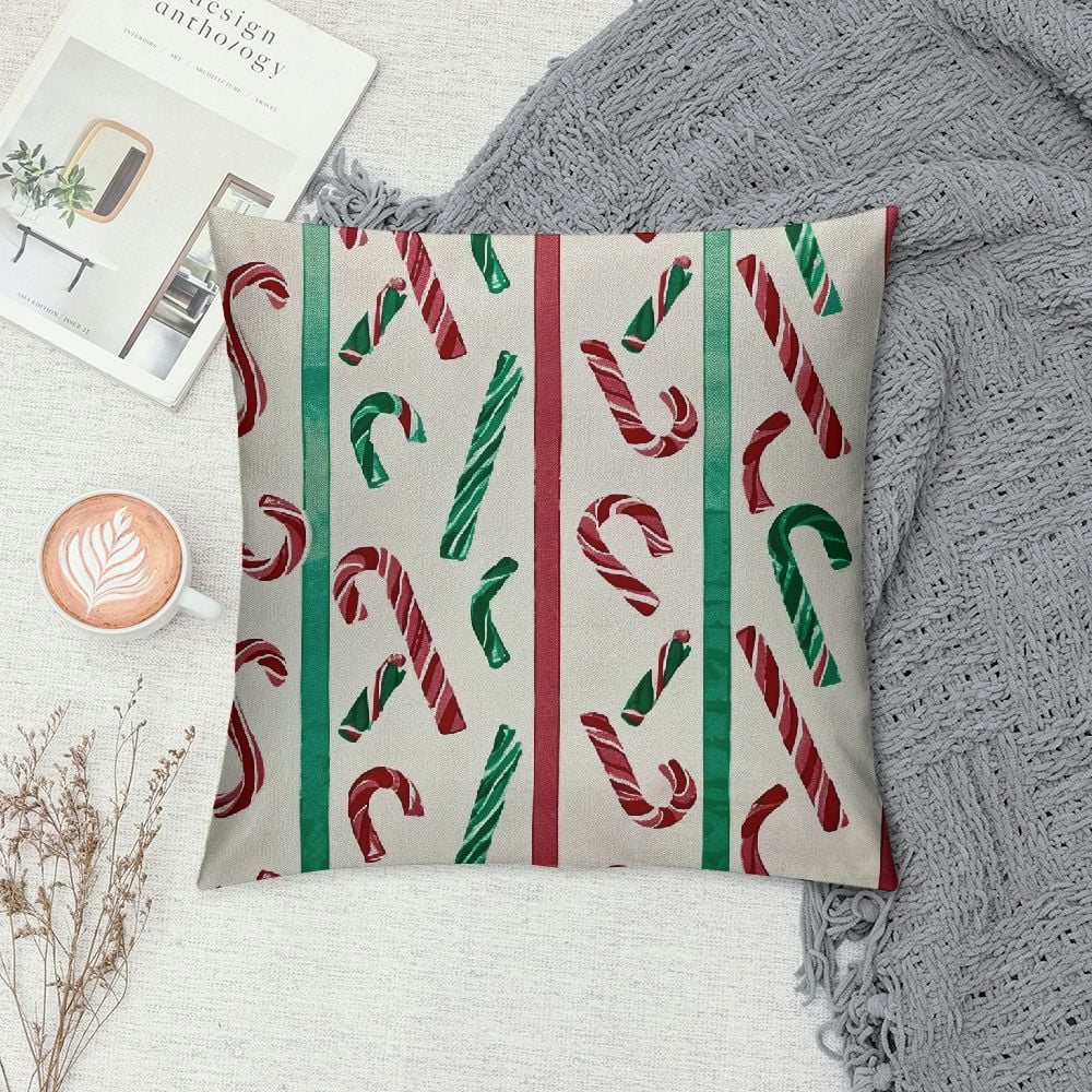 Cmefzd Candy Cane Christmas Throw Pillow Covers Spiral Simple Beautiful Classic red Green Linen Decorative Square Home Product Couch Bench Chair Bed Cushion Cover