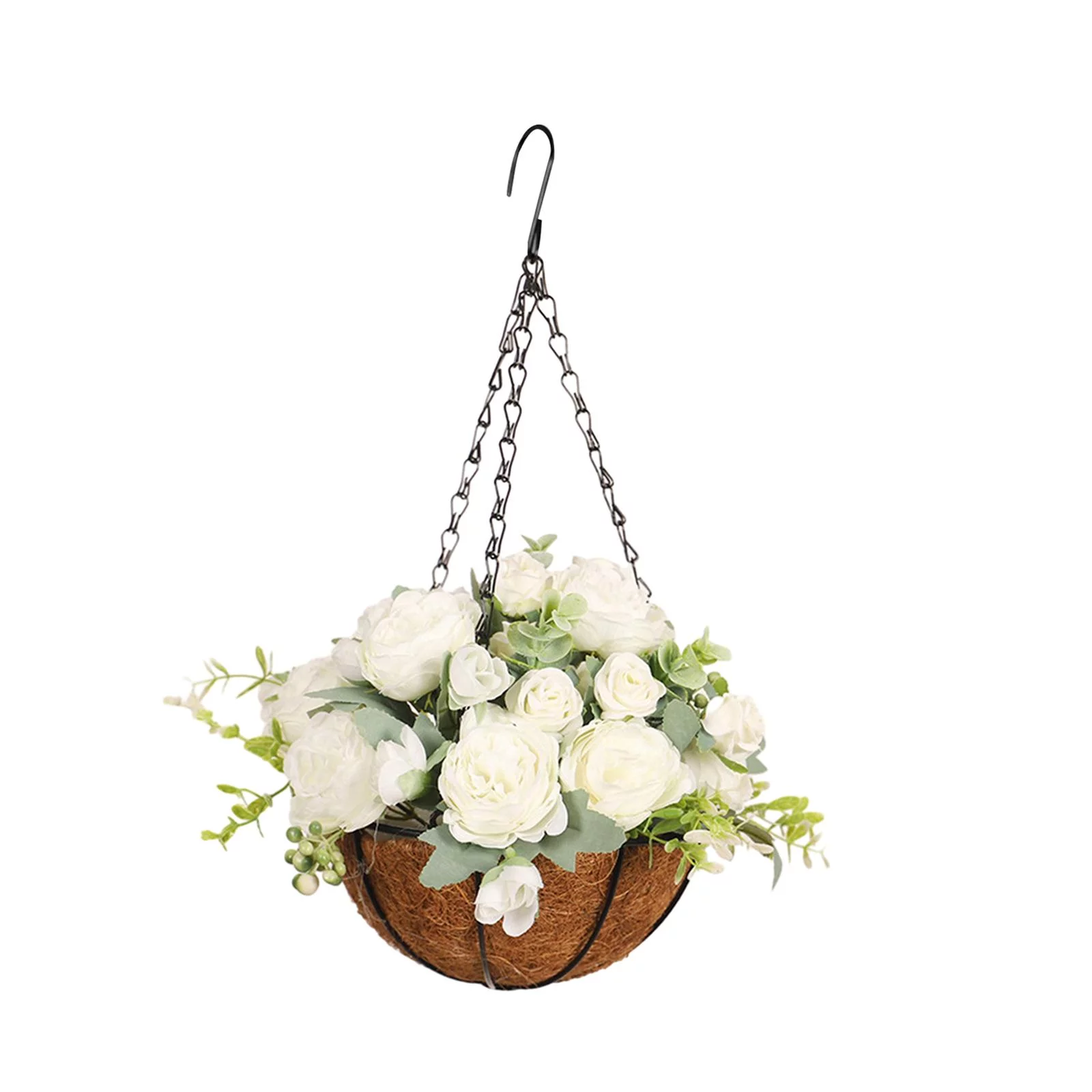 Artificial Flowers Hanging Basket Chain Flower Pot Silk Flower Plant Hanger Flower Arrangement for Courtyard Home Porch Yard white
