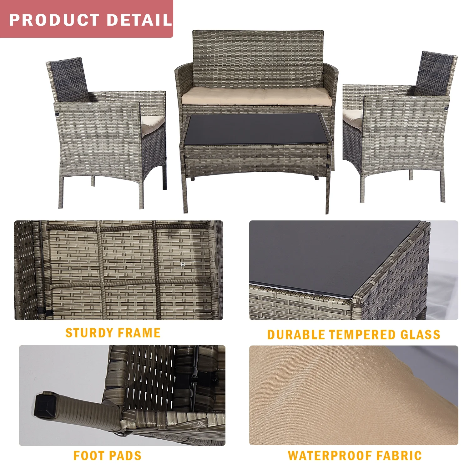 ECOLINEAR 4 Pieces Patio Furniture Set, Outdoor Conversation Sets, Wicker Rattan Chairs for Garden Backyard Balcony Porch Poolside, Patio Bistro Set with Glass Table and Soft Cushions (Beige)