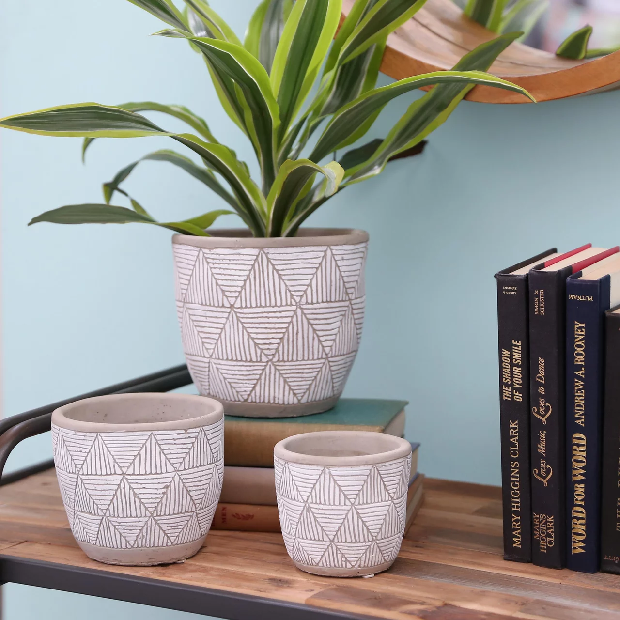 Ceramic Round Pot with Banded Rim Top and Bottom, Embossed Lattice Triangle Design, Irregular Body and Tapered Bottom
