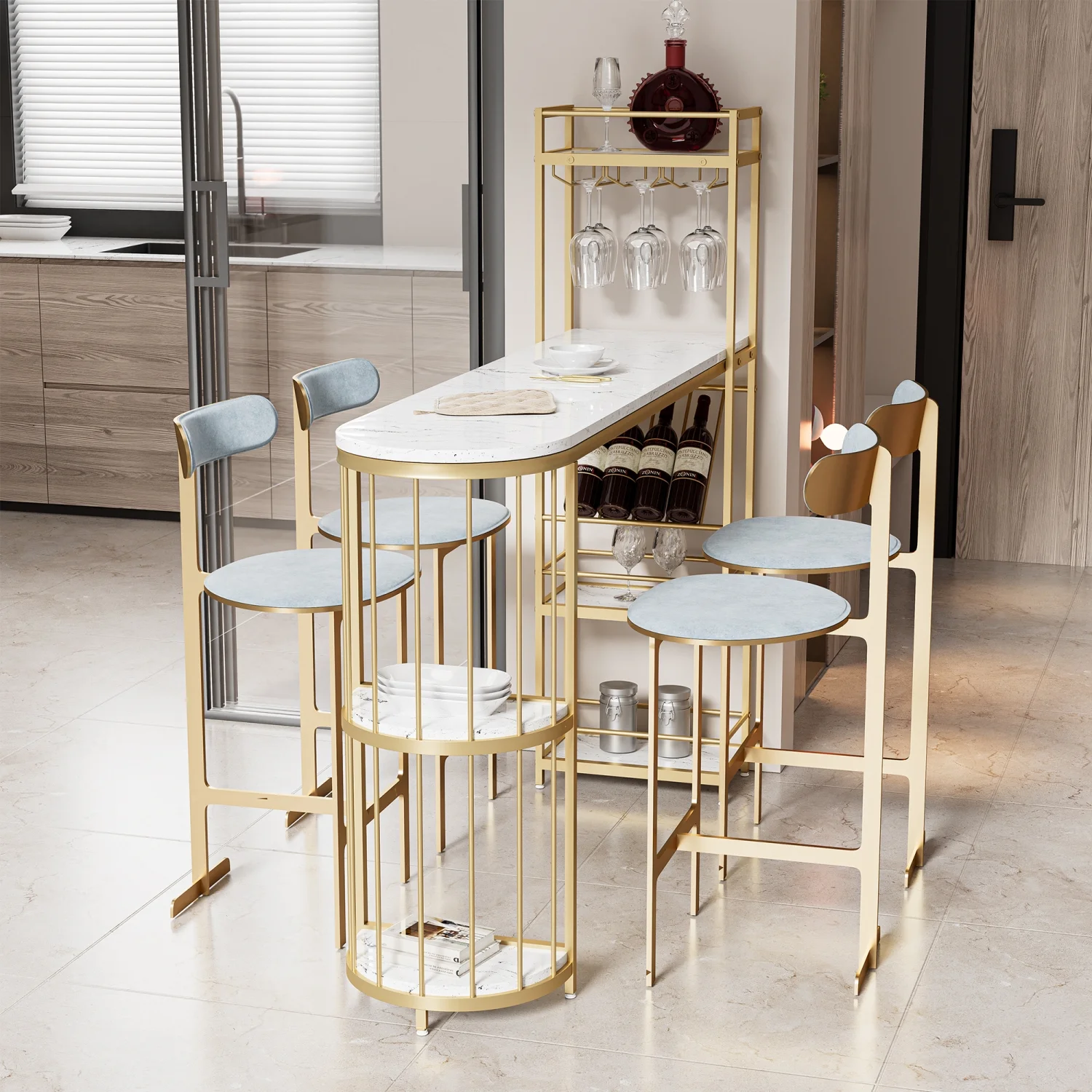 63” Modern White Kitchen Bar Height Dining Table Wood Breakfast Pub Table with Gold Base with Shelves  Glass Rack  Wine Bottle Rack