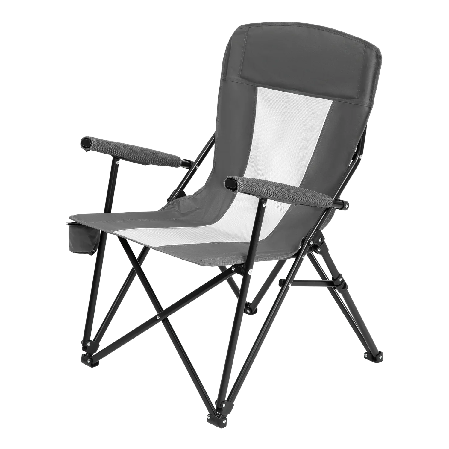 Compact and Durable Folding Steel Quad Camping Chair with Mesh Design  Convenient Cup Holder  Comfortable Armrests  and Portable Carry Bag in Sleek Grey Color. Ideal for Outdoor Adventure