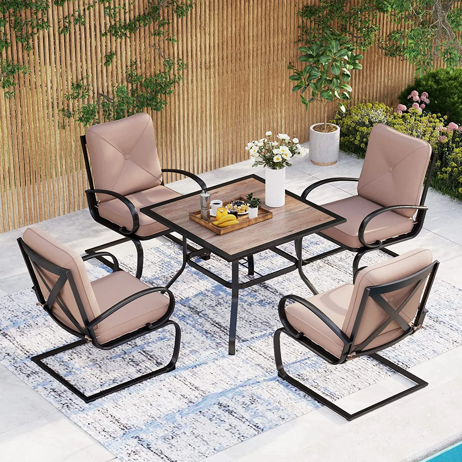 7 Piece Outdoor Patio Dining Set 6 Spring Motion Cushion Chairs  1 Rectangular Table with 1.57" Umbrella Hole Furniture Sets for Lawn Backyard Garden