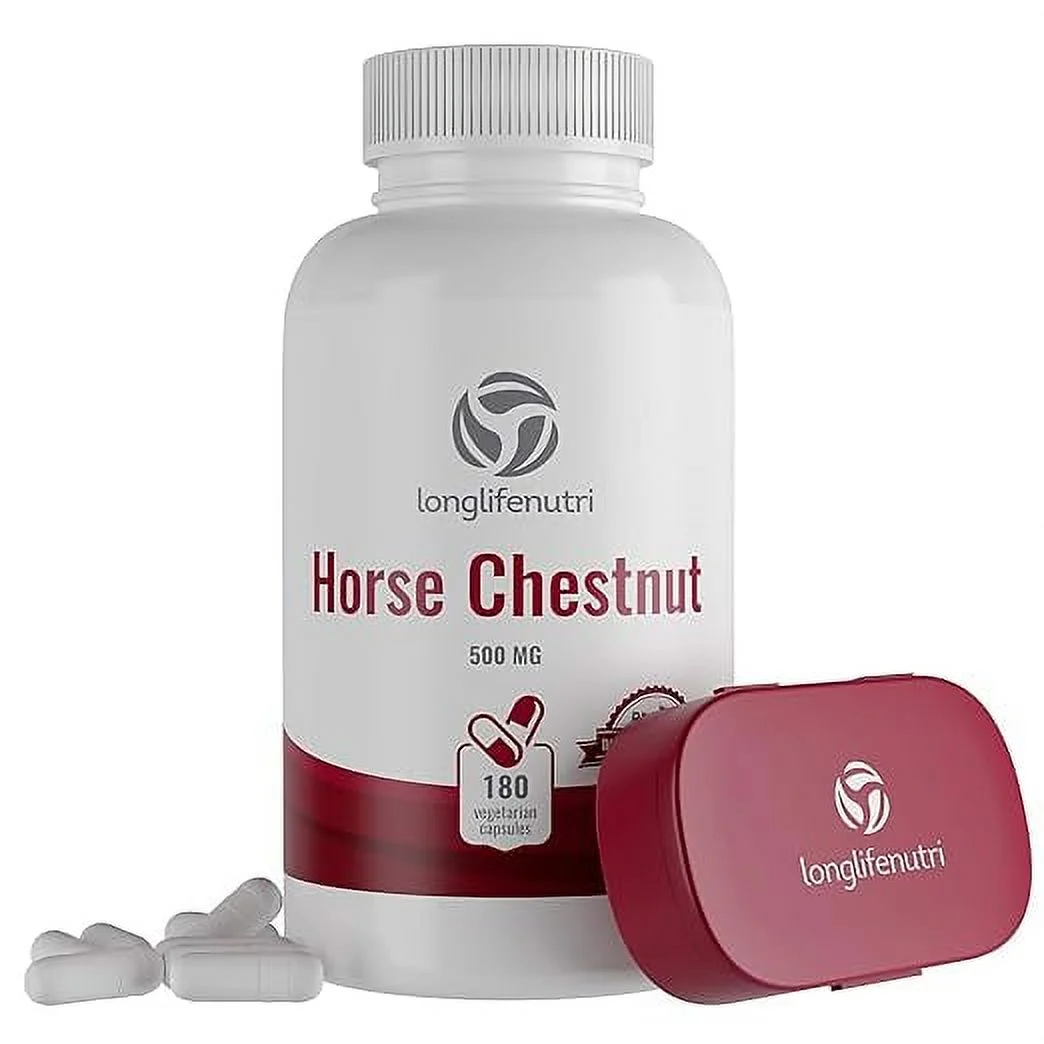 LongLifeNutri Horse Chestnut Extract 500mg 180 Vegetarian Capsules | Made in USA | Aescin 100mg Per Pill | Horsechestnut Seed Supplement 500 mg