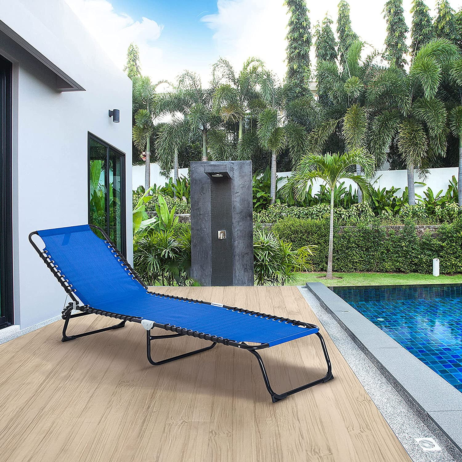 Outsunny Folding Chaise Lounge Pool Chair, Patio Sun Tanning Chair, Outdoor Lounge Chair with 4-Position Reclining Back, Breathable Mesh Seat for Beach, Yard, Patio, Blue