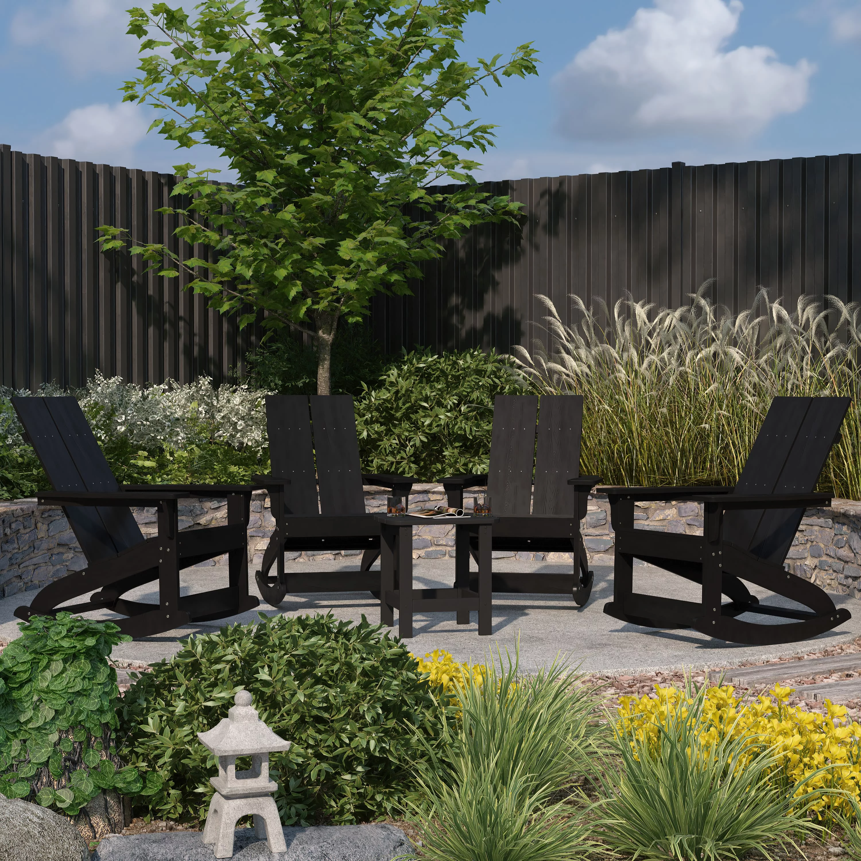 Merrick Lane 5 Piece Patio Furniture Set Includes Black All-Weather UV Treated Adirondack Rocking Chairs and Side Table