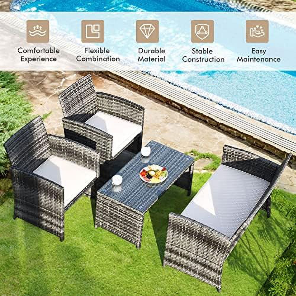 4-Piece Rattan Patio  Set  Outdoor Wicker Conversation Sofa with Weather Resistant Cushions and Tempered Glass Tabletop for Lawn Backyard Pool Garden (White(Black Wicker))