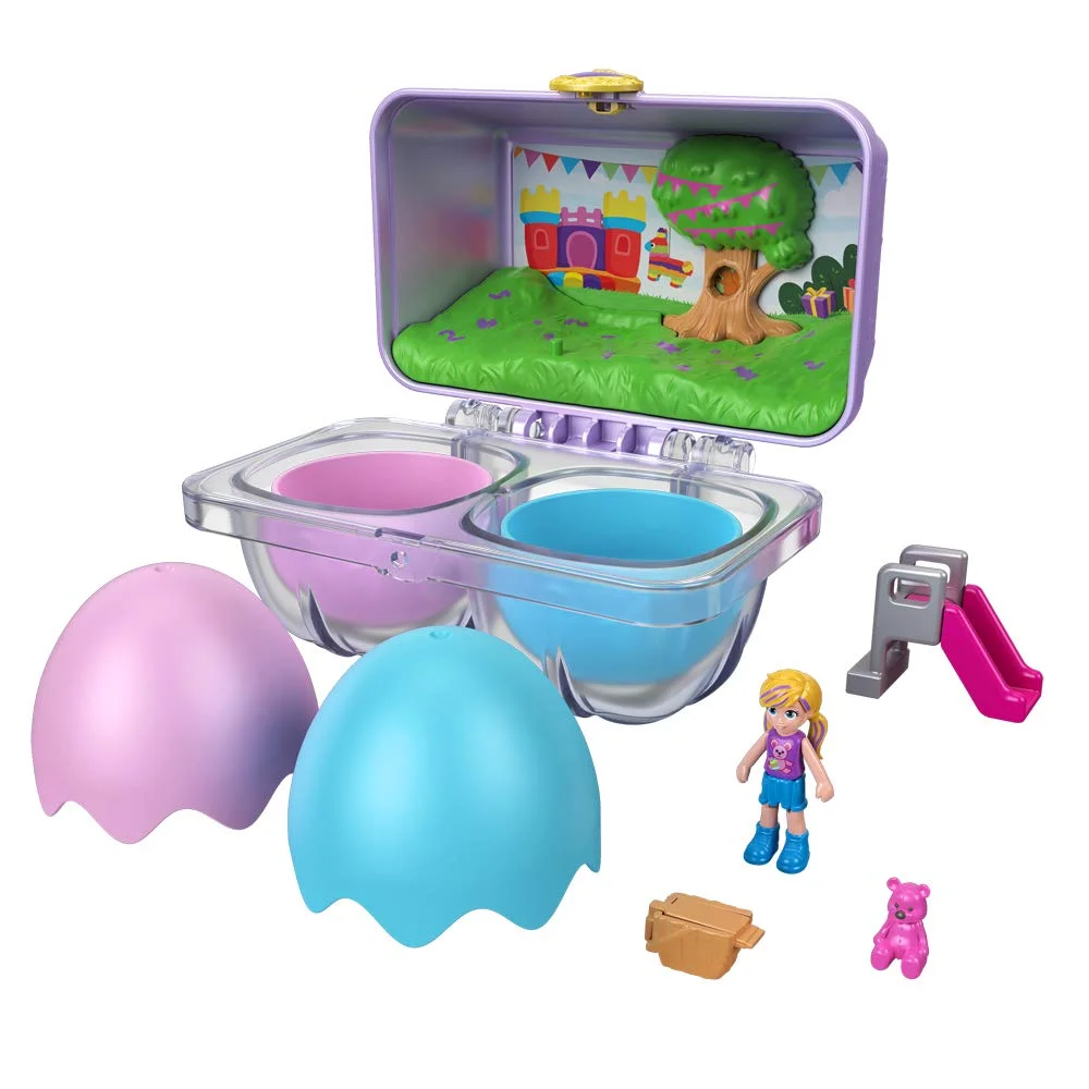 Bundle of 3 | PoIIy Pocket, Mystery Surprise Egg Carton | Purple Birthday Party Bounce House & Blue Nighttime Cityscape & Pink Rainbow Playground Theme