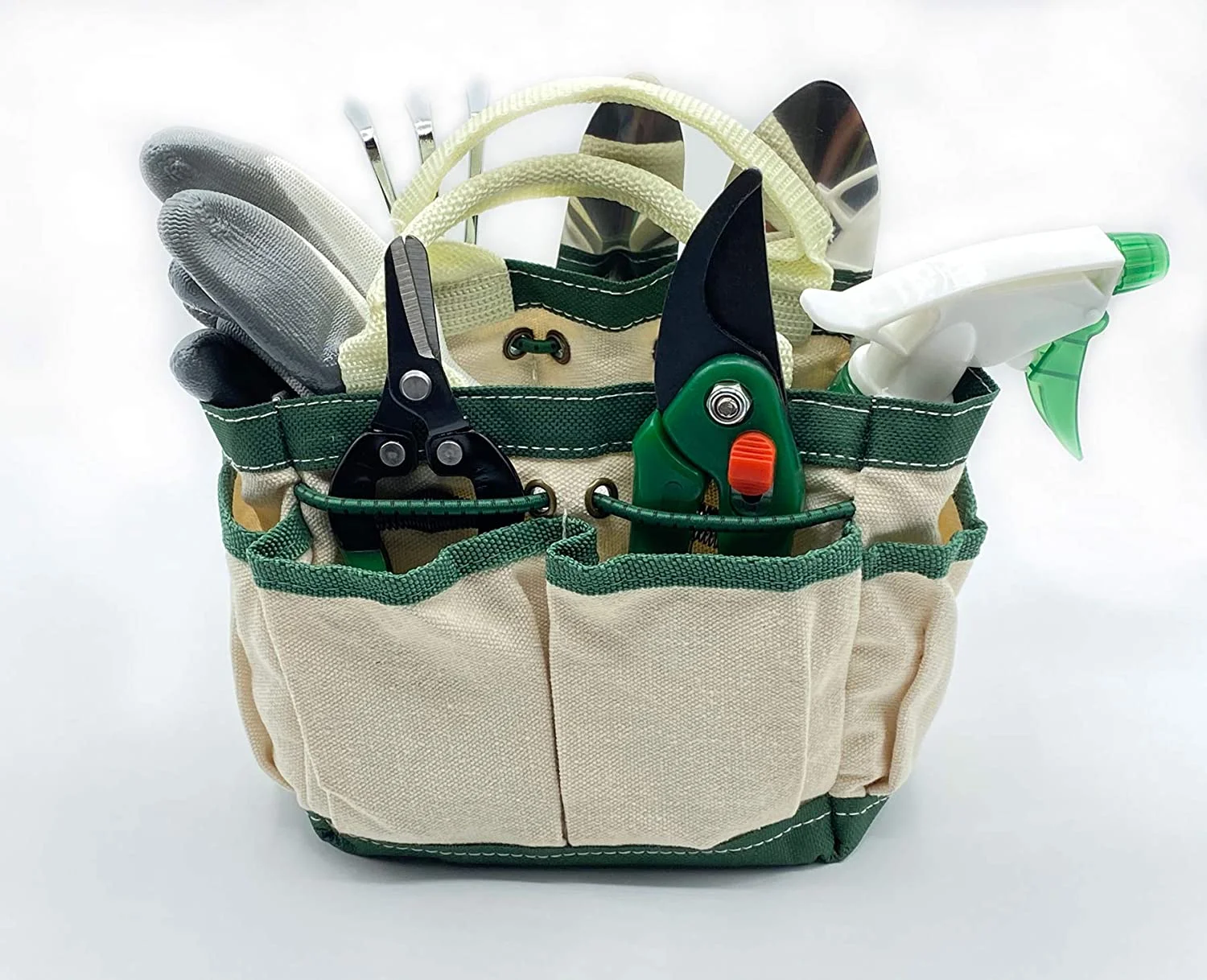 z Small Garden Tool Set  8 Piece Gardening Balcony Mini Kit Bag  Trowel Transplanter Hand Rake Pruner Snips Shovel Gloves Watering Spray  Stainless Steel Wooden Handles  Gift for Woman Me