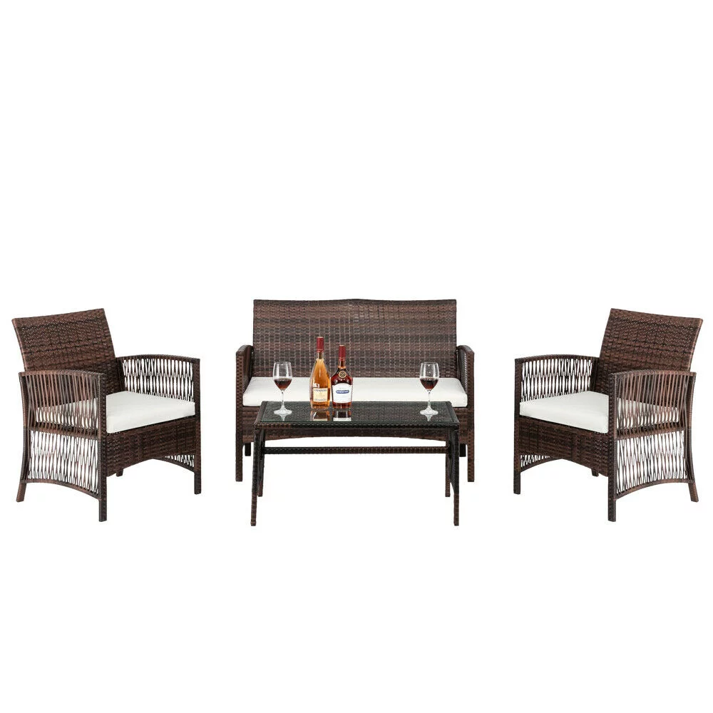 QHTT 4Pcs Garden Patio PE Rattan Set Single Chairs Seat & Coffee Table Loveseat Brown Gradient