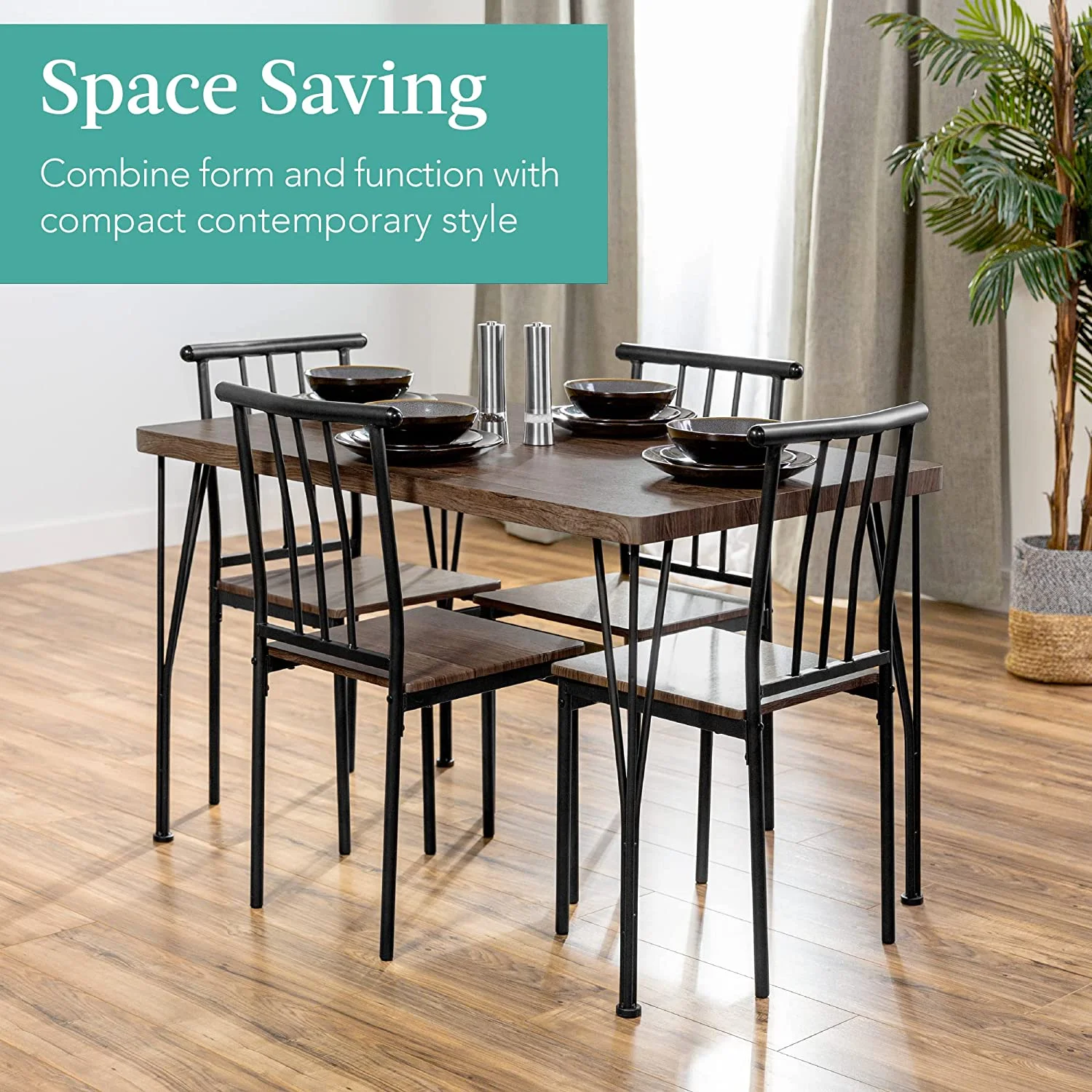 5-Piece Metal and Wood Indoor Modern Rectangular Dining Table Furniture Set for Kitchen, Dining Room, Dinette, Breakfast Nook w/ 4 Chairs - Drift Brown