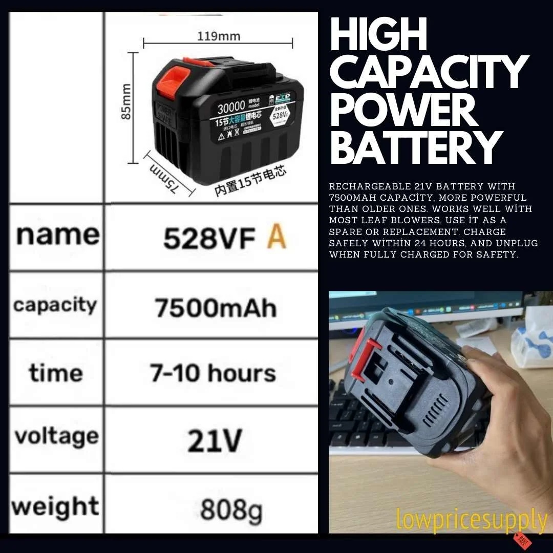 Turbo 21V Rechargeable Battery 7500mAh Lithium Ion Battery 528VF w/Lithium Battery Charger for Leaf Blower, Mini Saw, Chainsaws, Weed Wacker, Makita