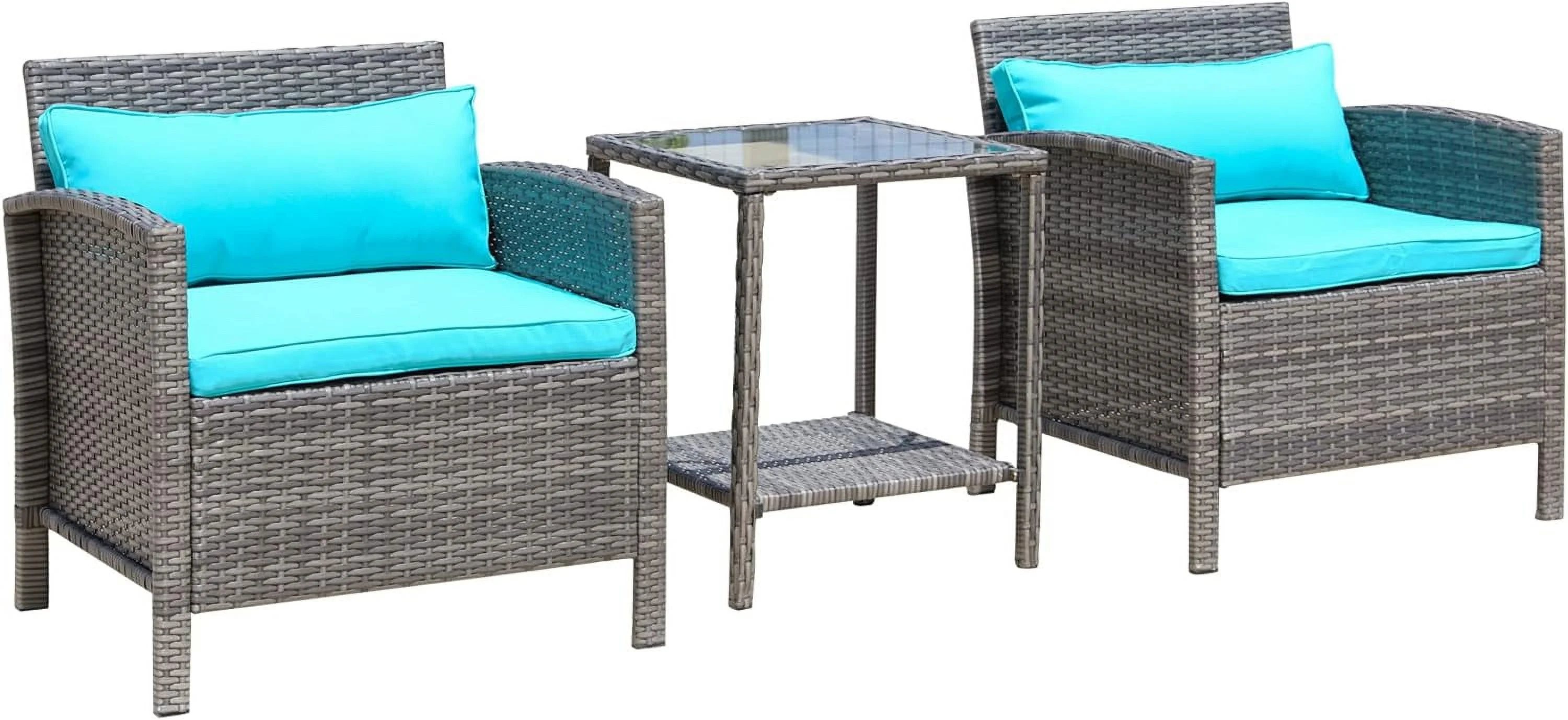 3 Piece Patio Furniture Set with Cushions, PE Rattan Outdoor Bistro Set, Wicker Table and Chairs Conversation Set w/ 2-Tier Glass Top Coffee Table, Teal Green