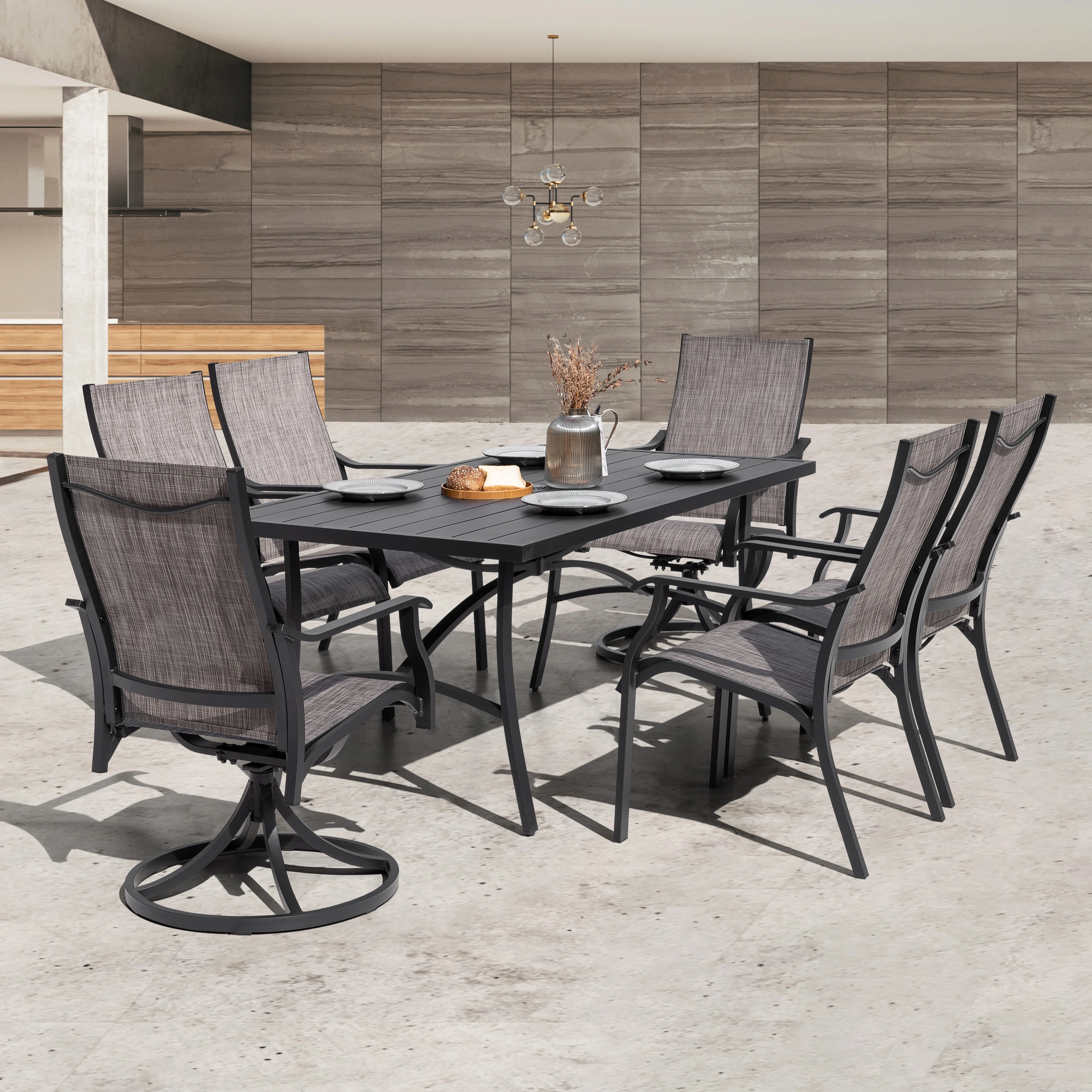 Nuu Garden 7-Piece Outdoor Aluminum Patio Dining Set, Dining Table with Umbrella Hole, Textilene Stationary and Swivel Chairs for Garden Backyard, Grayish Brown