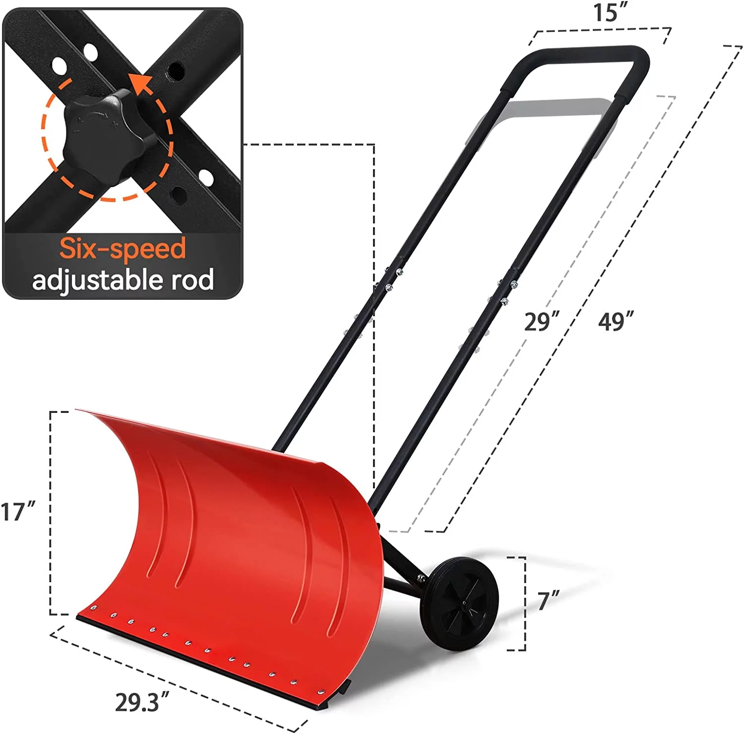 KioGro Metal Snow Shovel with Wheels, Heavy Duty Snow Pusher 30 inch Blade and Adjustable Handle Snow Removal for Driveway, Doorway, Sidewalks Red