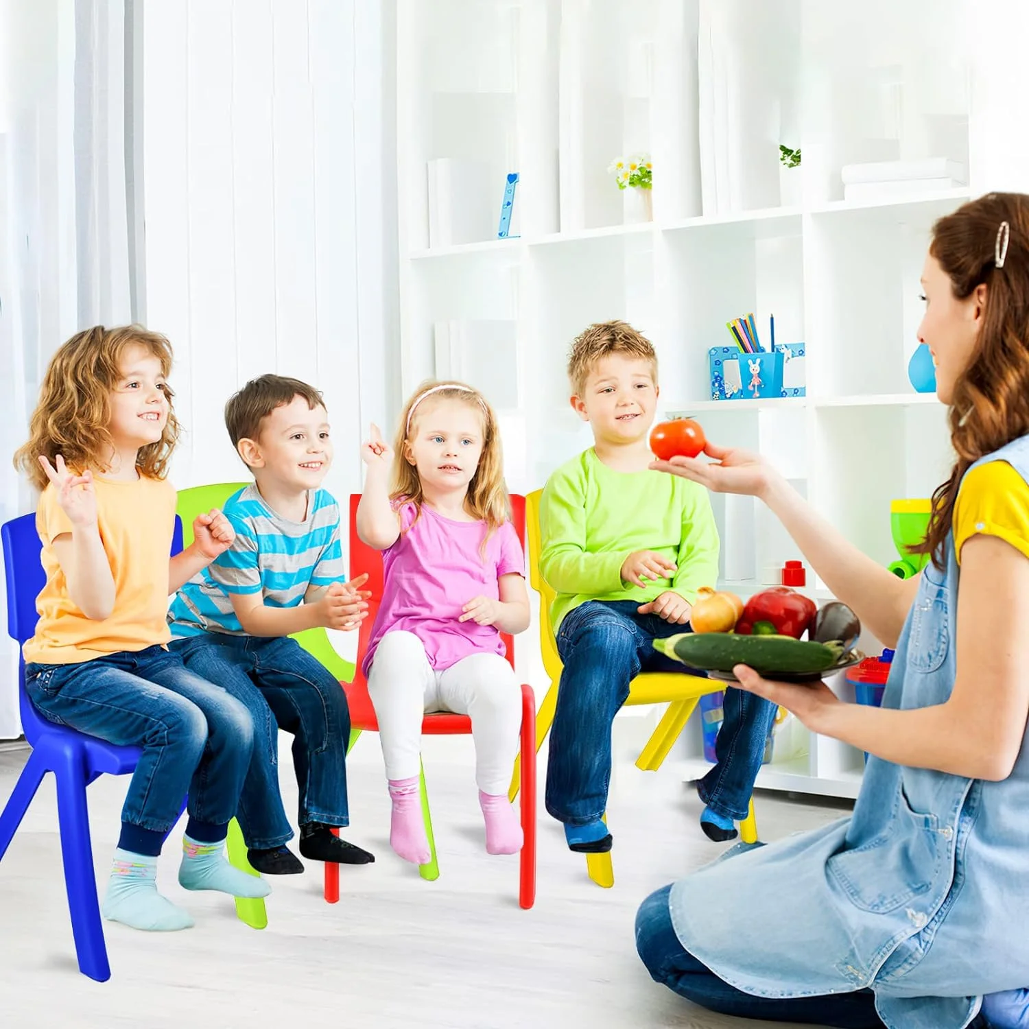 4 Pieces Colorful Stackable School Chairs Plastic Classroom Stack Chairs 11 Inch Seat Height Stacking Chair Sets for Home School Playroom Office Supplies Daycare Preschool Learning (Classic Color)