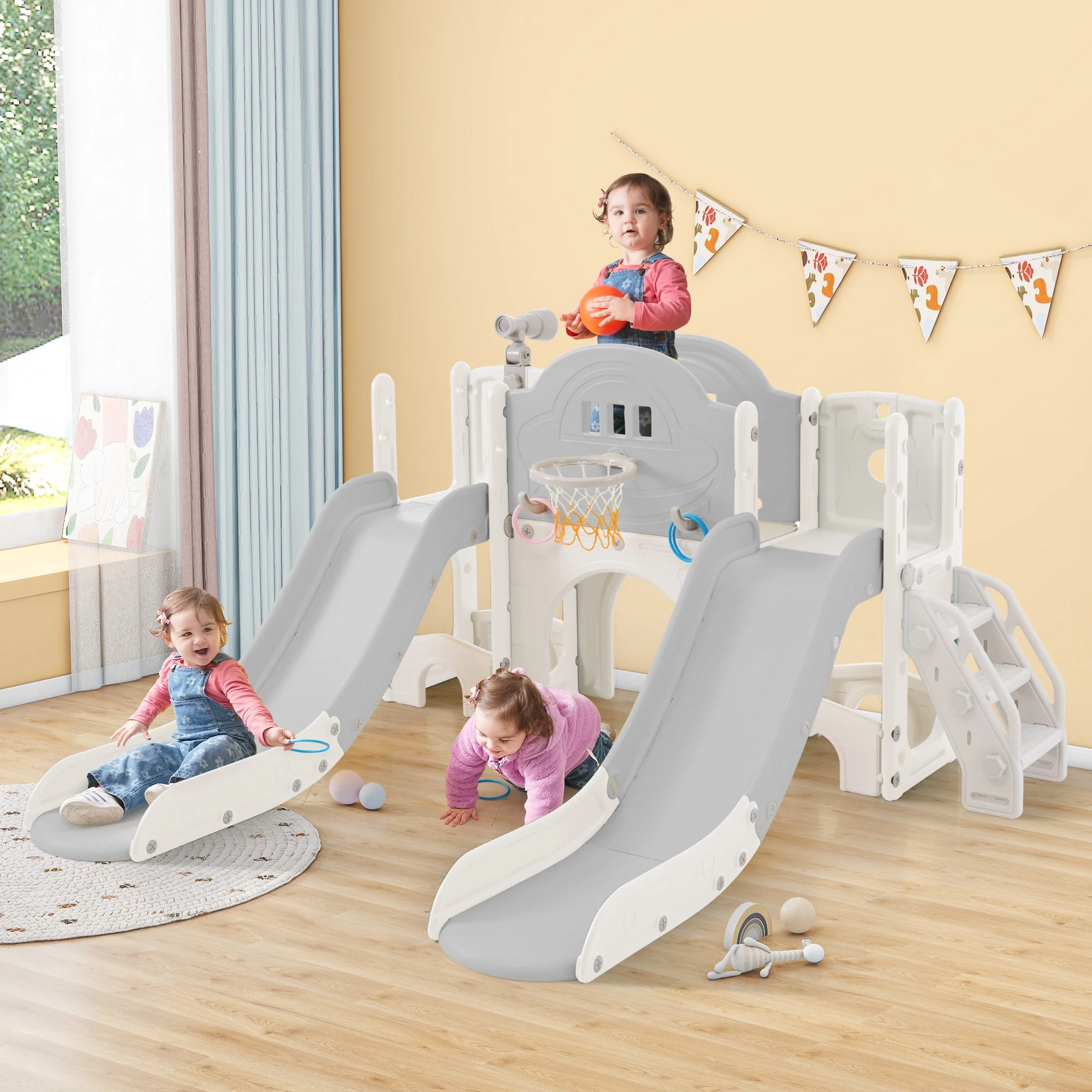 7-in-1 Kids Slide Playset Structure with Freestanding Spaceship Design, Including Slides, Tunnel, Ring Toss, Basketball Hoop - Perfect Playground for Toddlers and Kids Climbers