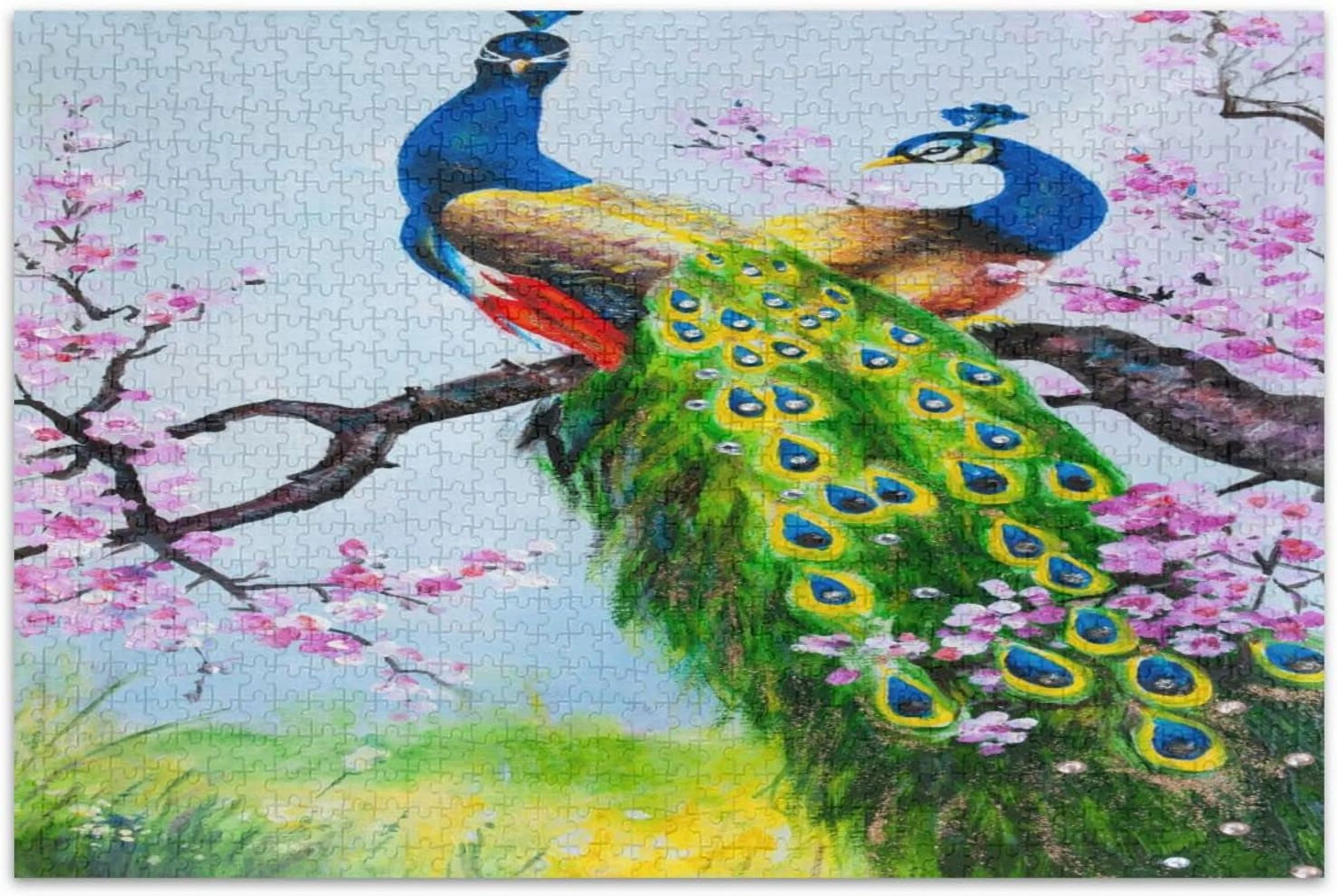 FREEAMG Japanese Peacocks Spring Blooming Cherry Orchard 500 Pcs of Irregular Puzzle Printed with Colored Letters on Back to Reduce Difficulty a Happy Time of Cooperation