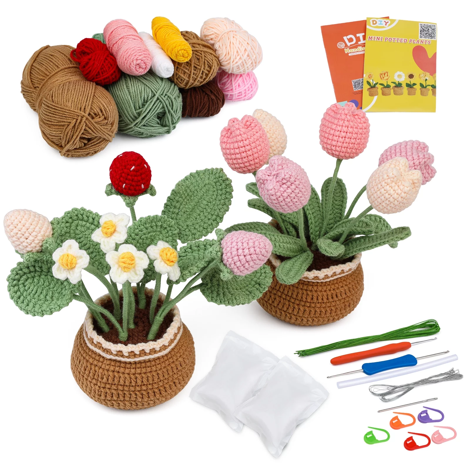 UzecPk Beginners Crochet Kit, Cute Flower Crochet Kit for Beginers and Experts, All in One Crochet Knitting Kit with Step-by-Step Instructions Video(Tulip and Strawberry)