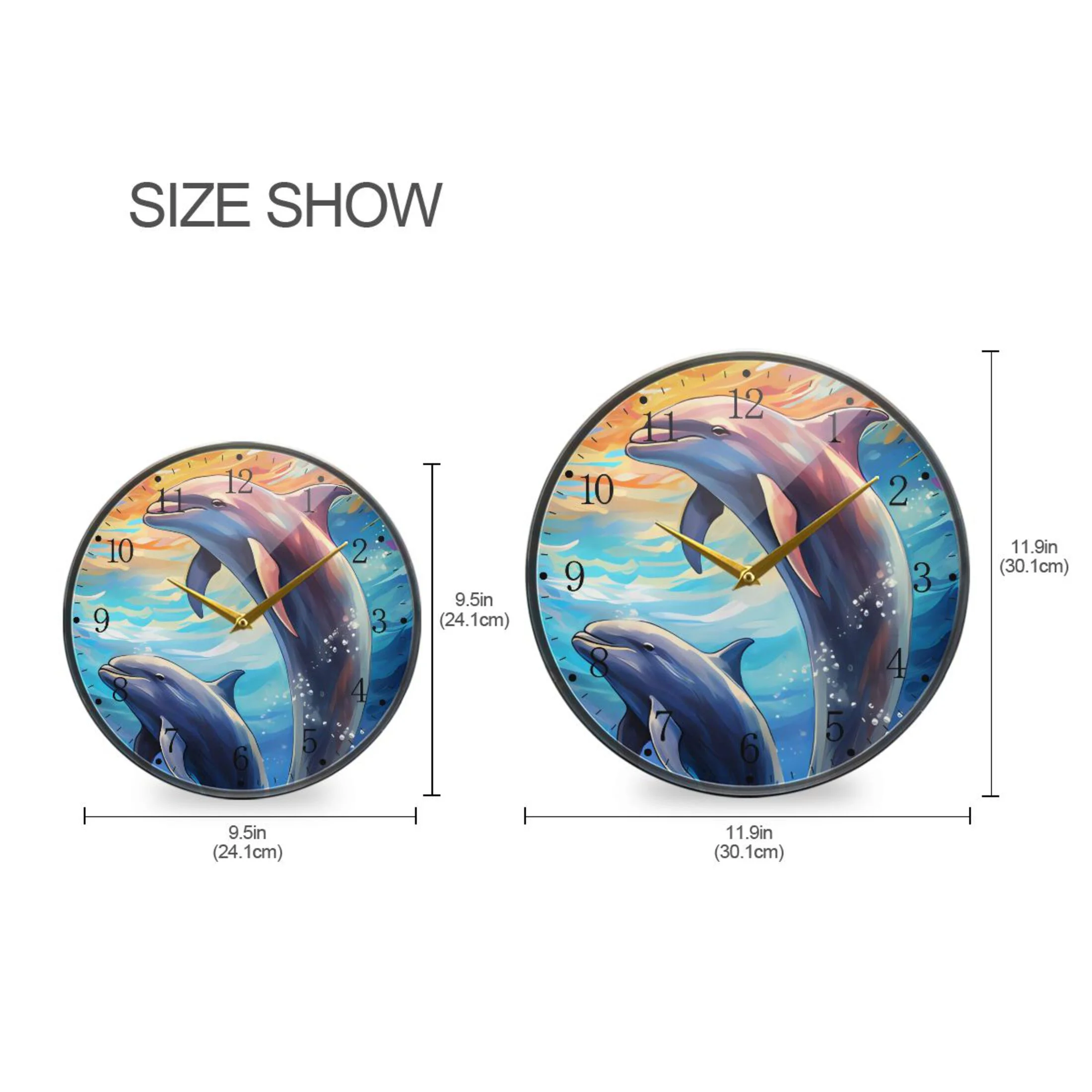 Dolphins under Water Acrylic Wall Clocks Quiet Round Clock Battery Operated Non-Ticking Clock for Bedroom Kitchen Office Decorative 11.9 Inch