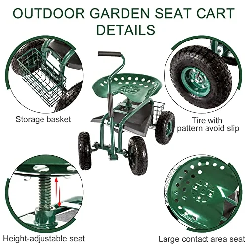 Garden Cart Yard Cart - Garden Cart with Seat,Garden Stool with Wheels,Gardening Stool,Beach Cart,Green