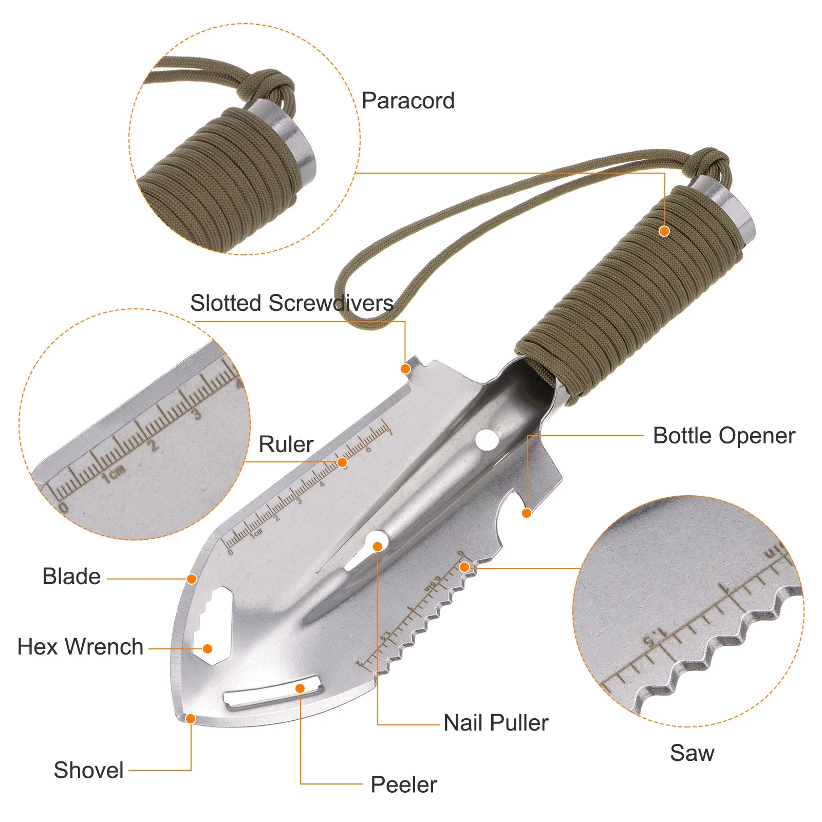 Uxcell Multifunctional Camping Shovel 9 in 1 Multi-Purpose Backpacking Shovels with Carrying Bag, Silver Khaki