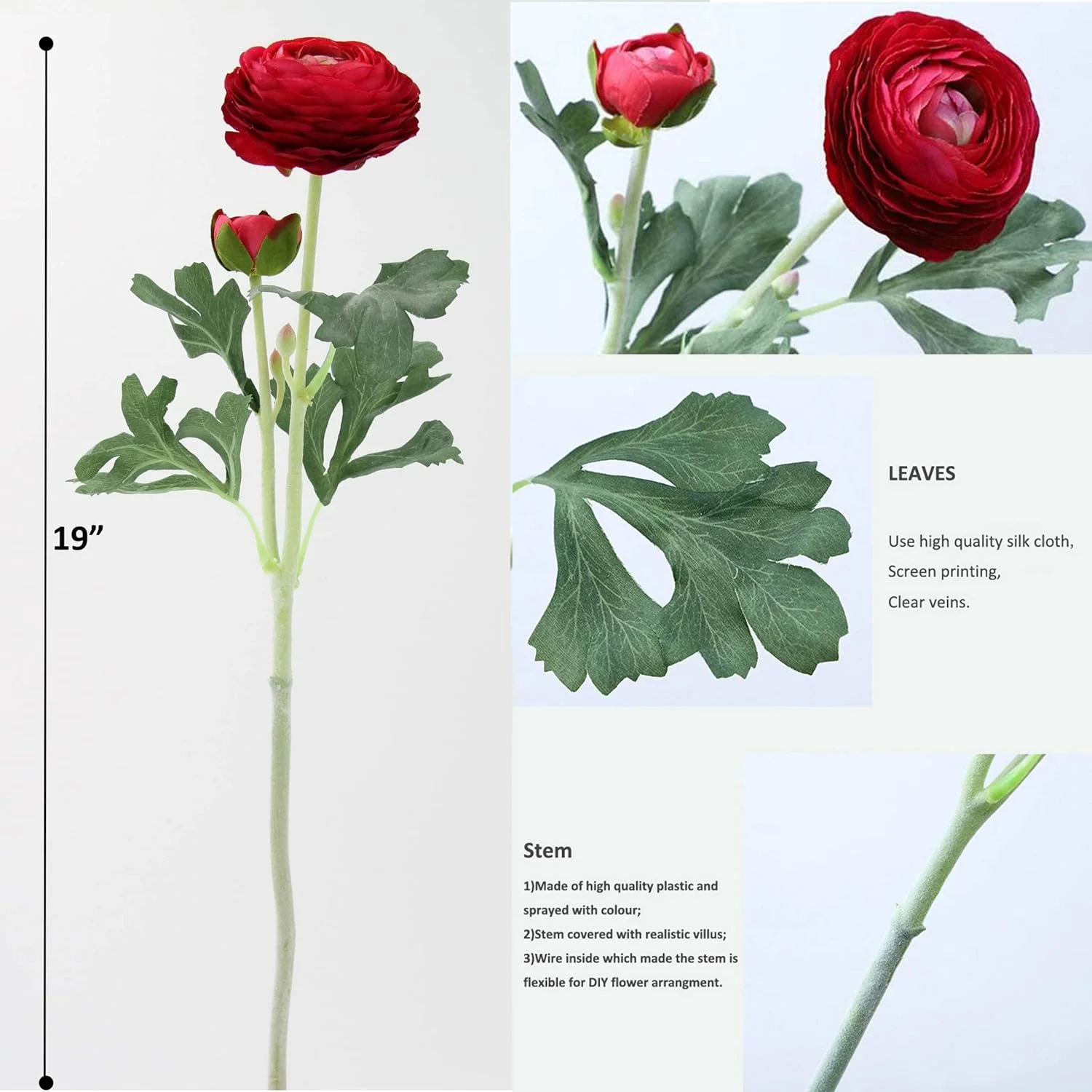 Namzi Artificial Ranunculus Flowers with Real Touch Stem, Silk Ranunculus Flowers(6 Pack) (Red)