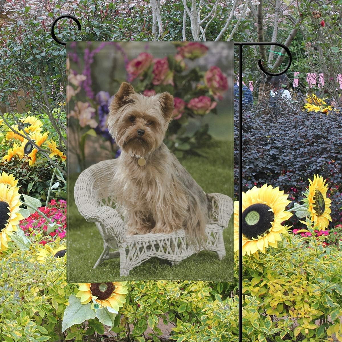 Hidove Yorkie Dog Sits in Wicker Chair Double-Sided Printed Garden House Sports Flag - 28x40in Polyester Decorative Flags for Courtyard Garden Flowerpot