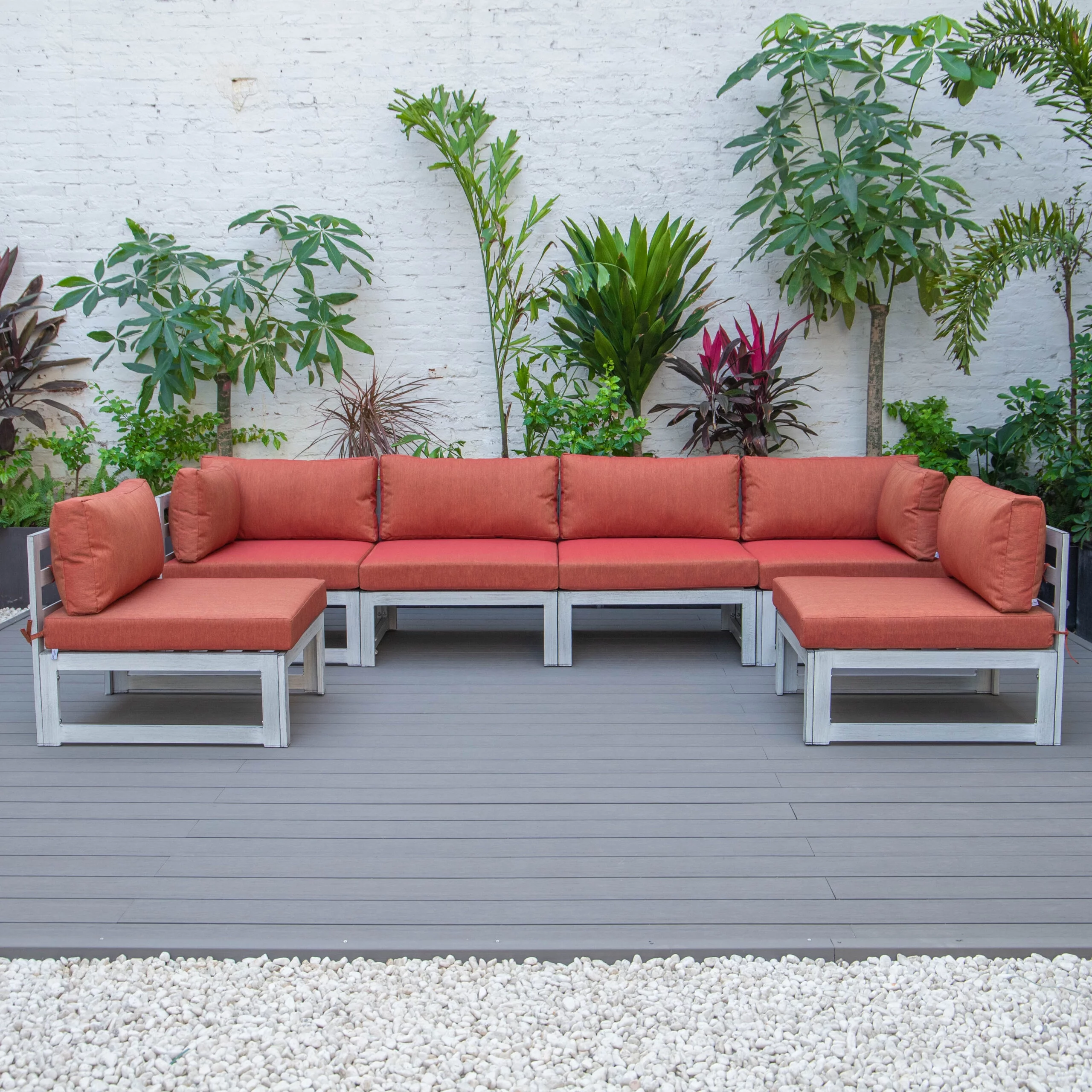 LeisureMod Chelsea 6-Piece Outdoor Patio Sectional Weathered Grey Aluminum With Orange Cushions