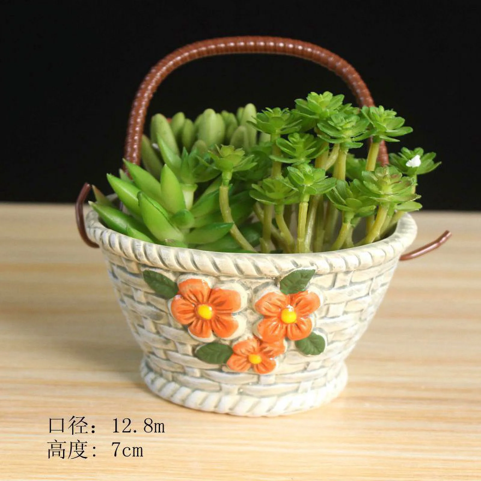 Hand-painted Ceramic Succulent Planter - Handled Basket Design