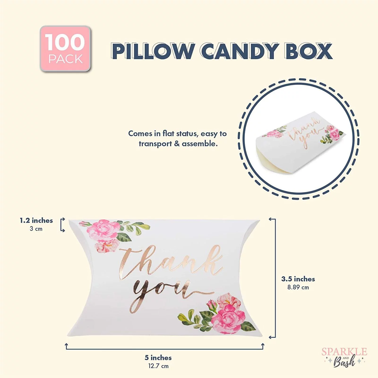 Wedding Pillow Boxes, Rose Gold Foil Thank You Party Favors (5.15 x 1.35 In, 100 Pack)