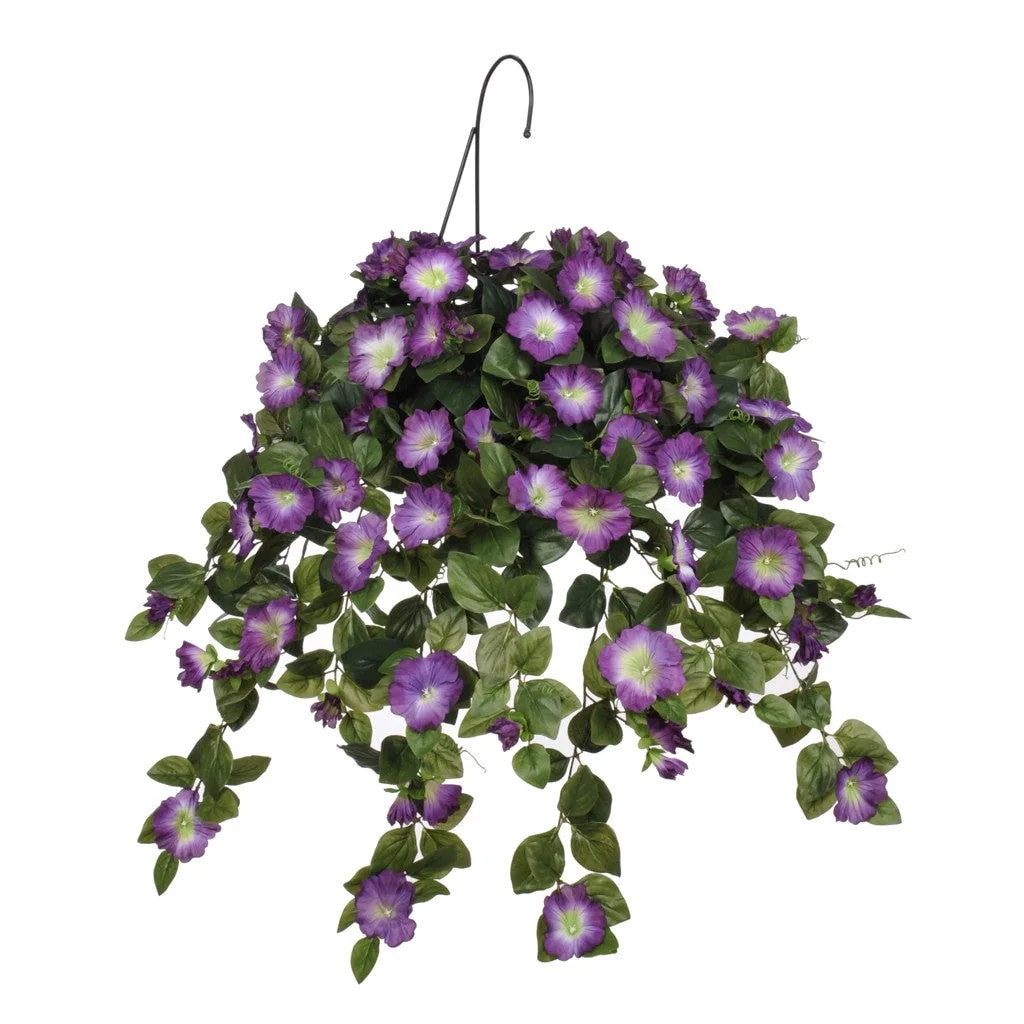 Faux Violet Petunia Hanging Basket White Water Hyacinth