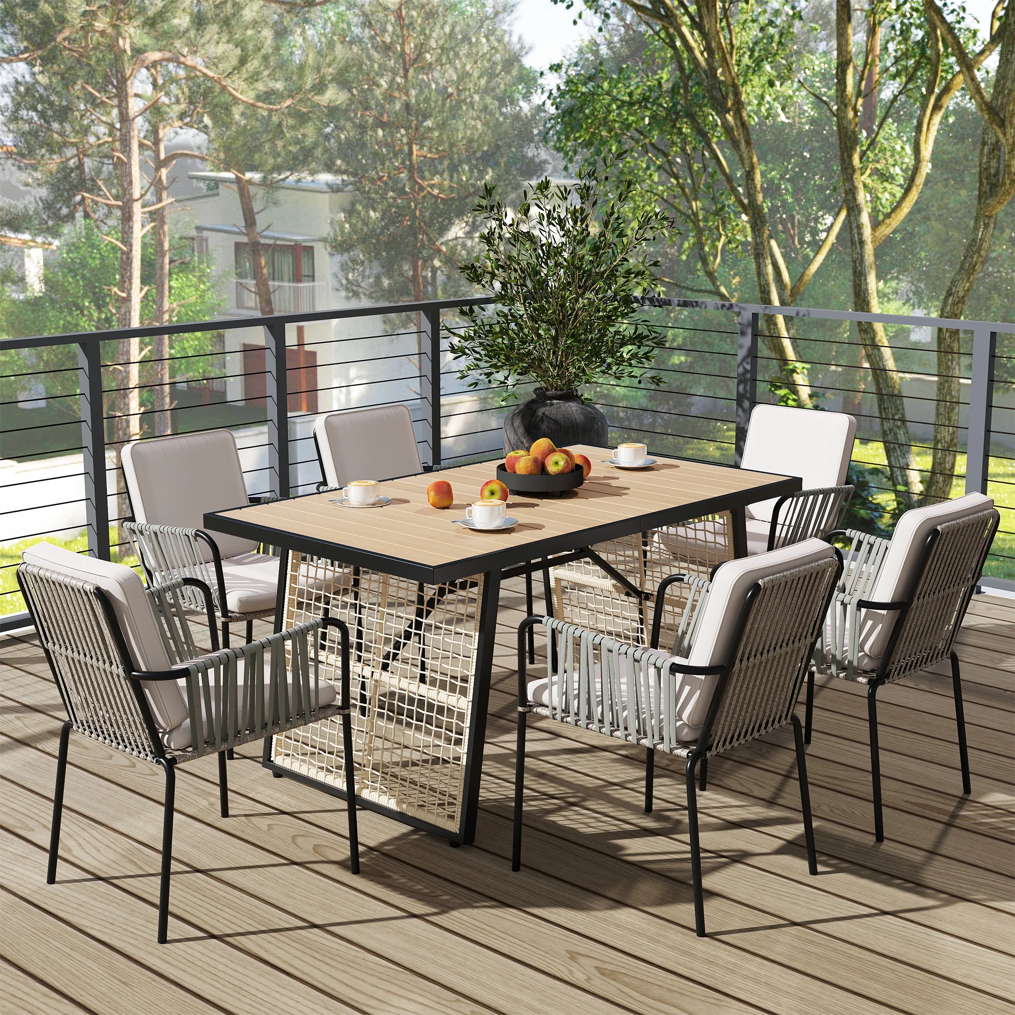 DWVO 7-Piece Patio Outdoor Dining Set, Wicker Patio Furniture Set of 6 Rattan Wicker Chairs (with Cushion) and Rectangular Dining Table - Beige & Gray