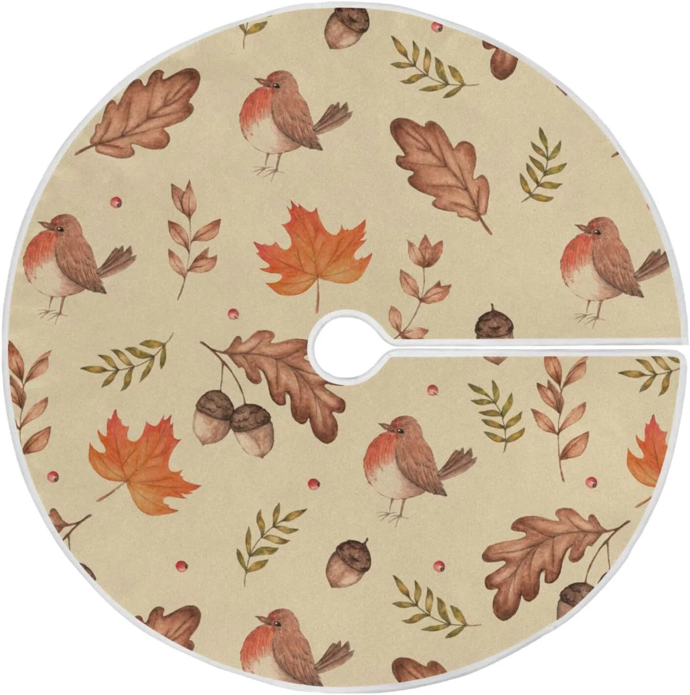 Hyjoy Autumn Birds Maple Leaves Tree Skirts for Festive Holiday Party Decoration , Acorns Fall Christmas Tree Mat Indoor Outdoor,Tree Cover Skirt Ornaments 48inch for Home Office