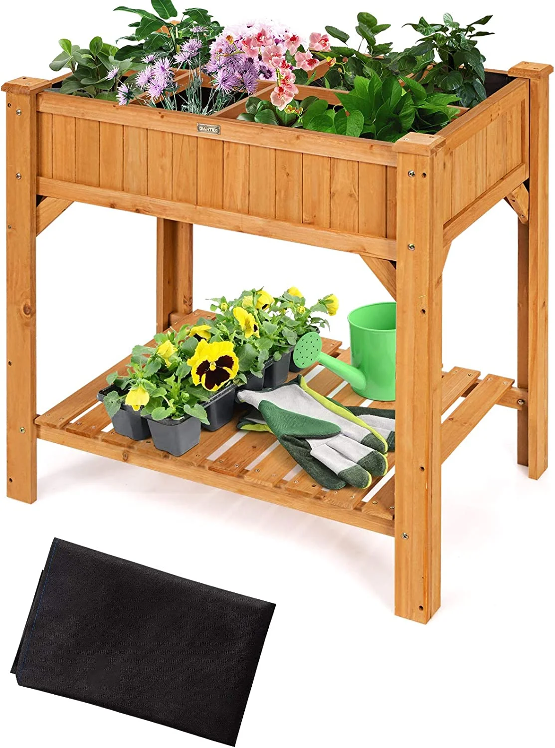 Raised Garden Bed, Elevated Planter Box Kit with 8 Grids & Liner for Herbs Vegetables Flowers, Outdoor Solid Fir Wood Planting Container with Legs & Storage Shelf for Backyard Patio (Natural)
